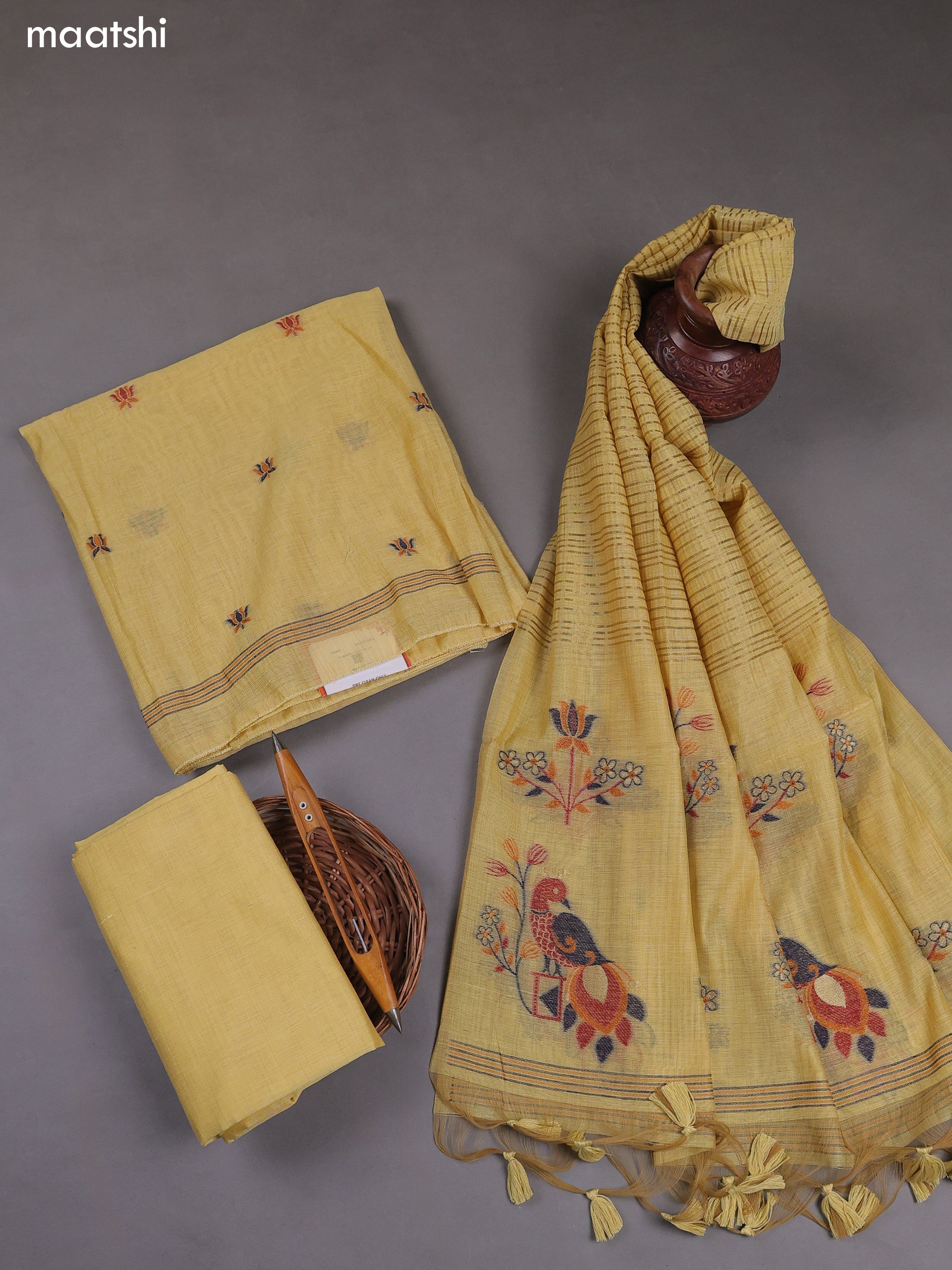 Yellow Munga Cotton Dress Material With Thread & Zari Woven Floral Pattern