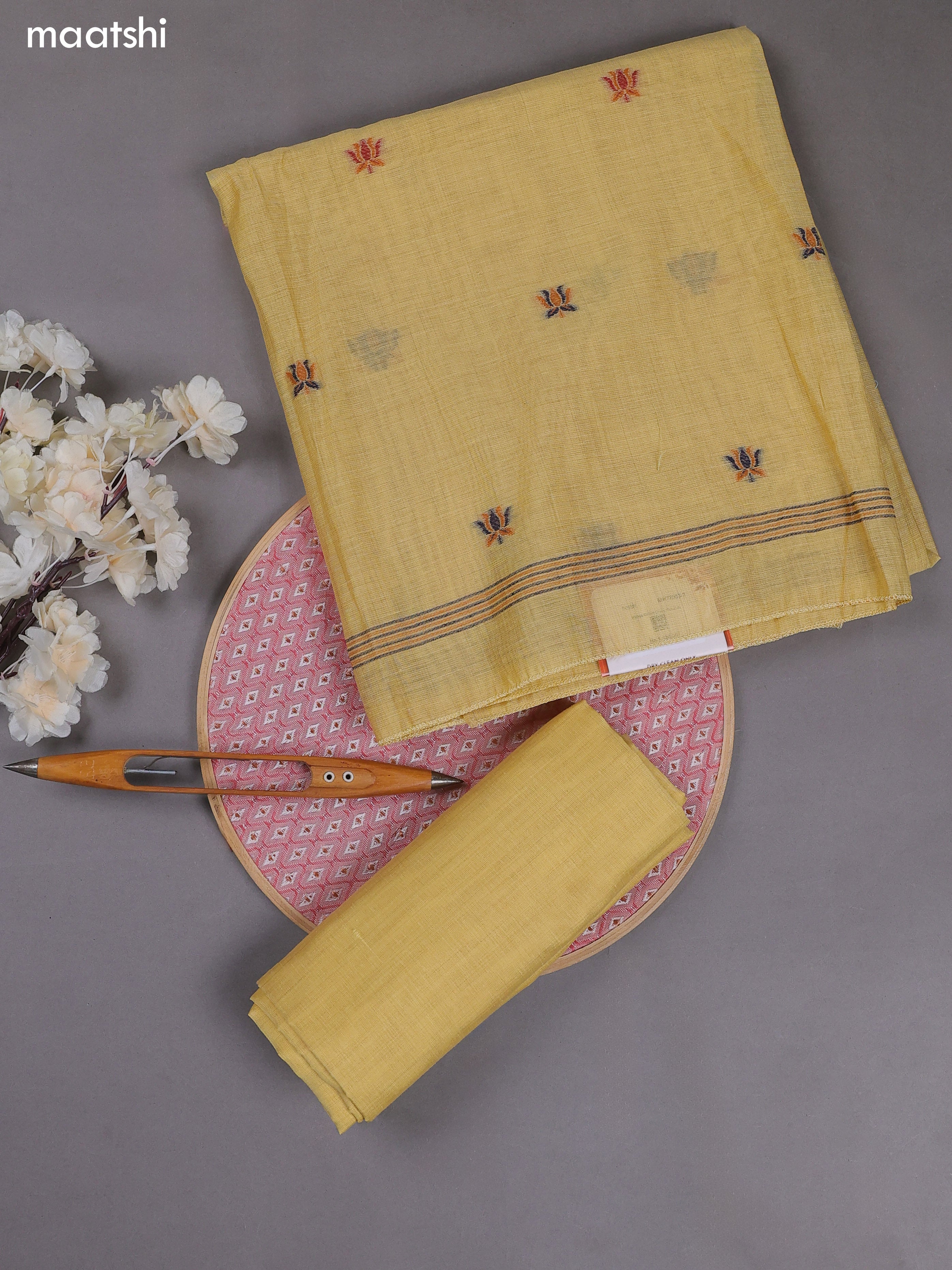 Yellow Munga Cotton Dress Material With Thread & Zari Woven Floral Pattern