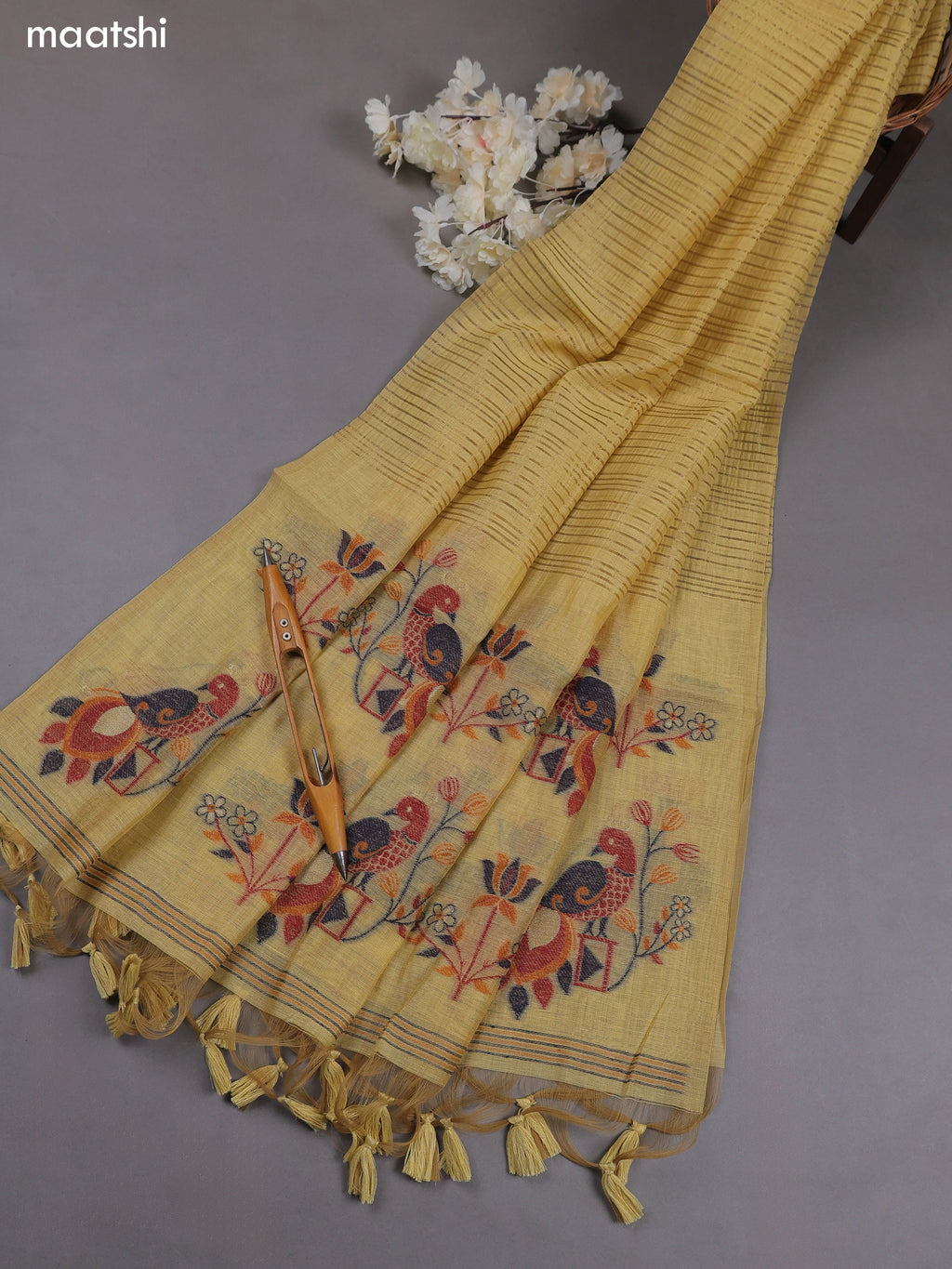 Yellow Munga Cotton Dress Material With Thread & Zari Woven Floral Pattern