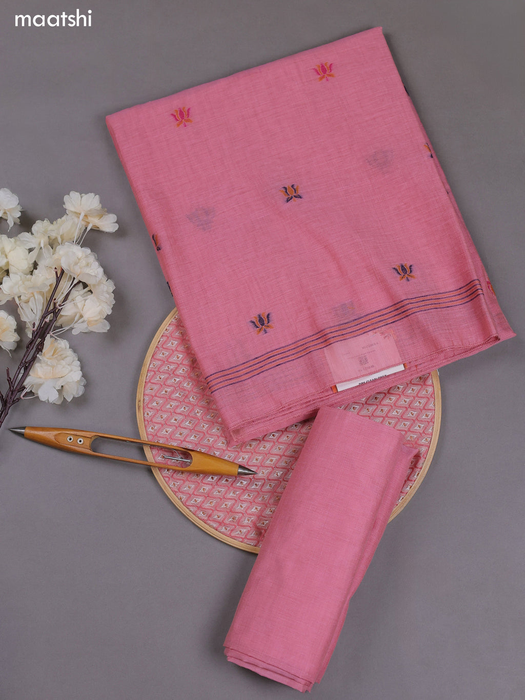 Pink Munga Cotton Dress Material With Thread & Zari Woven Floral Pattern