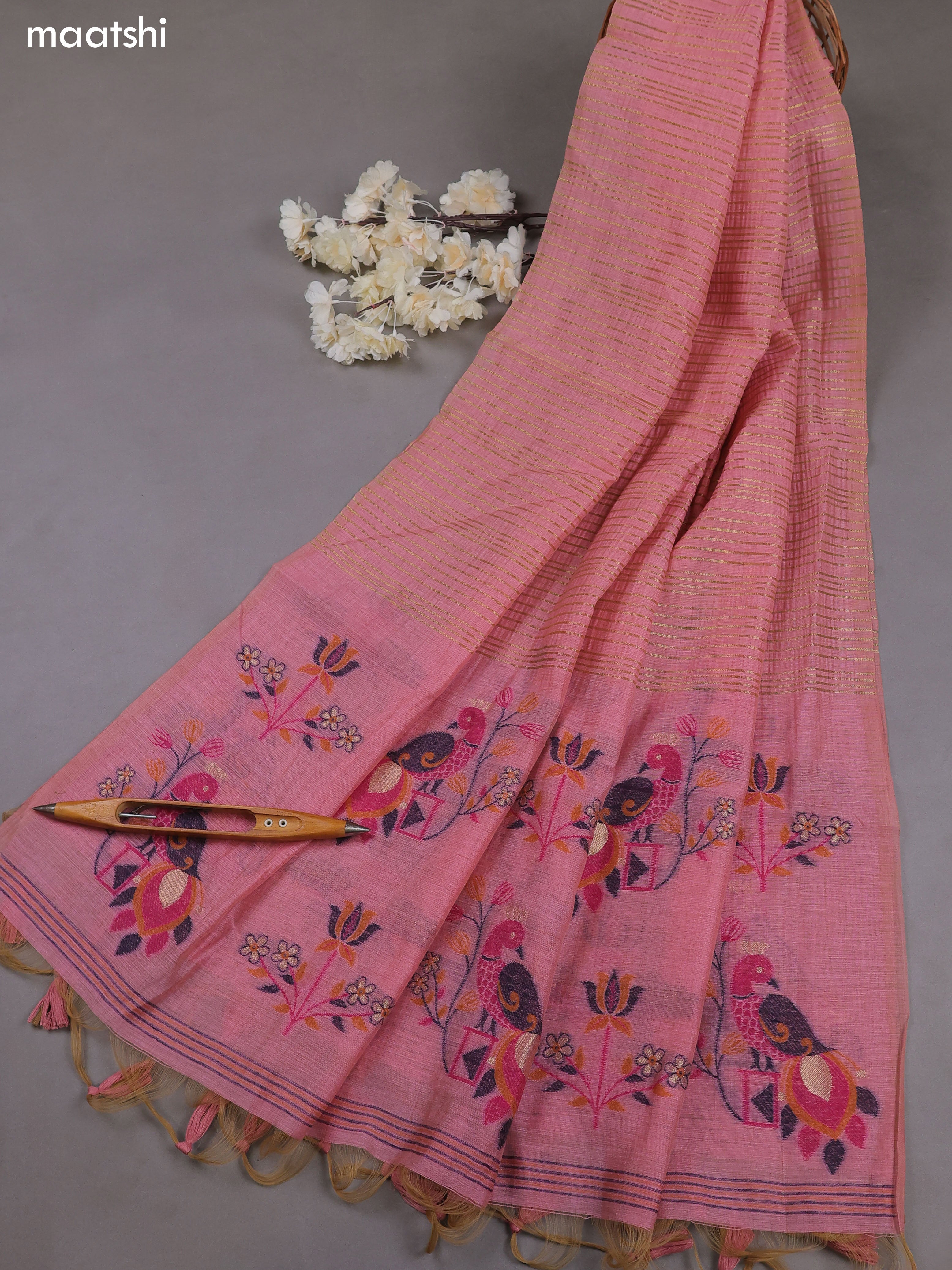 Pink Munga Cotton Dress Material With Thread & Zari Woven Floral Pattern