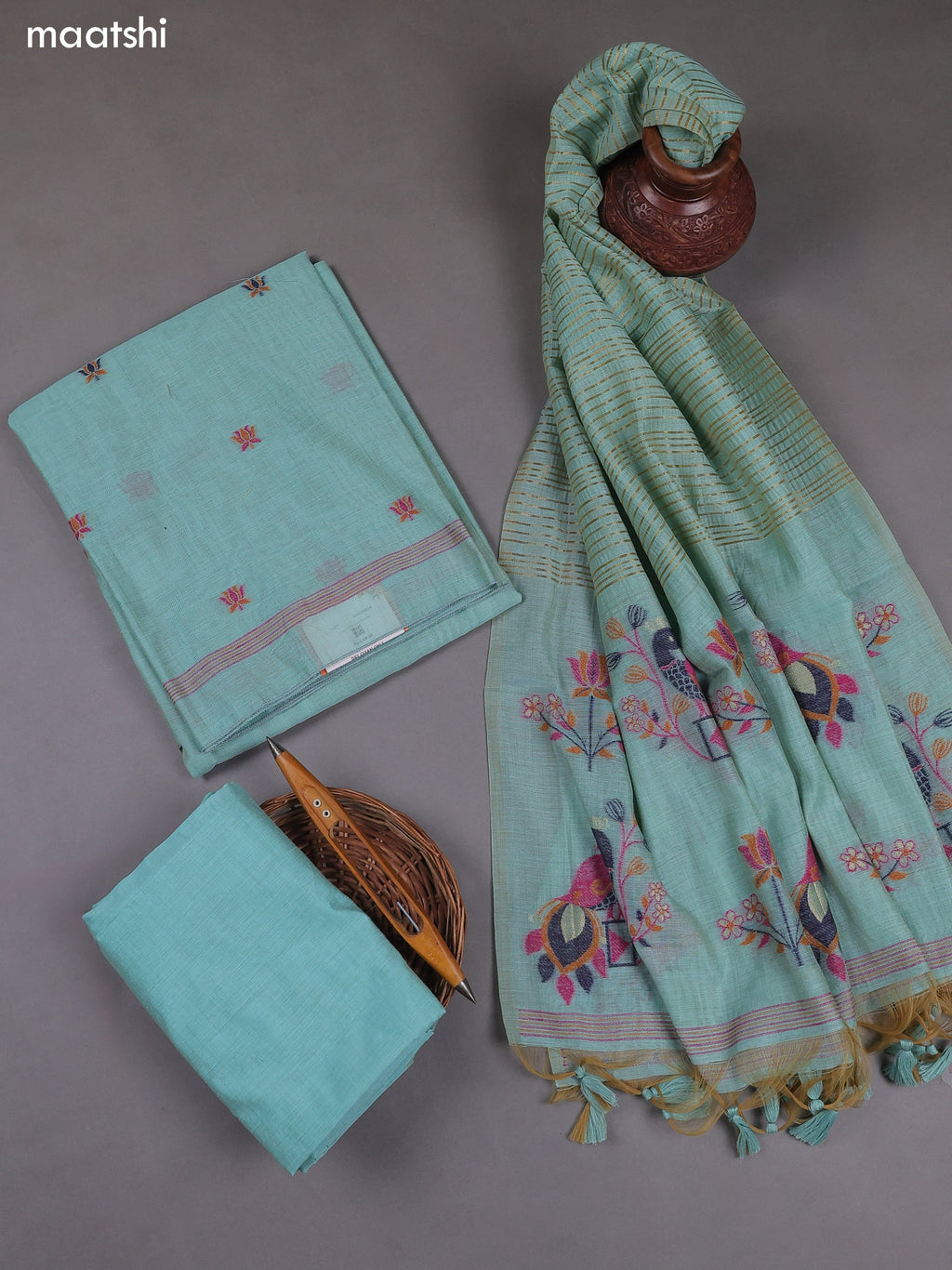 Teal Blue Munga Cotton Dress Material With Thread & Zari Woven Floral Pattern