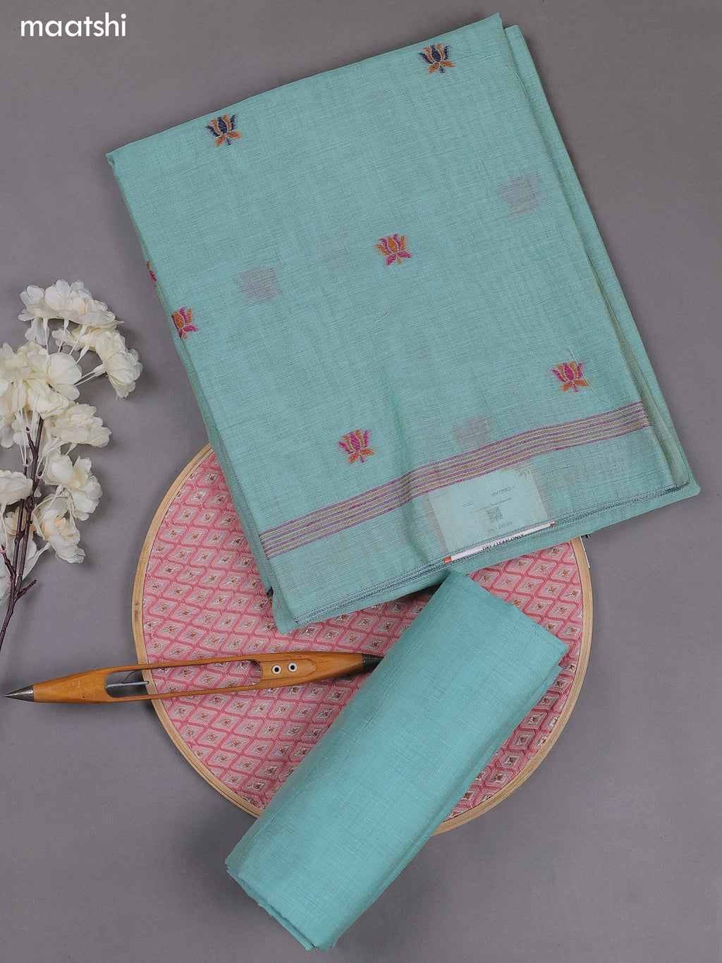 Teal Blue Munga Cotton Dress Material With Thread & Zari Woven Floral Pattern