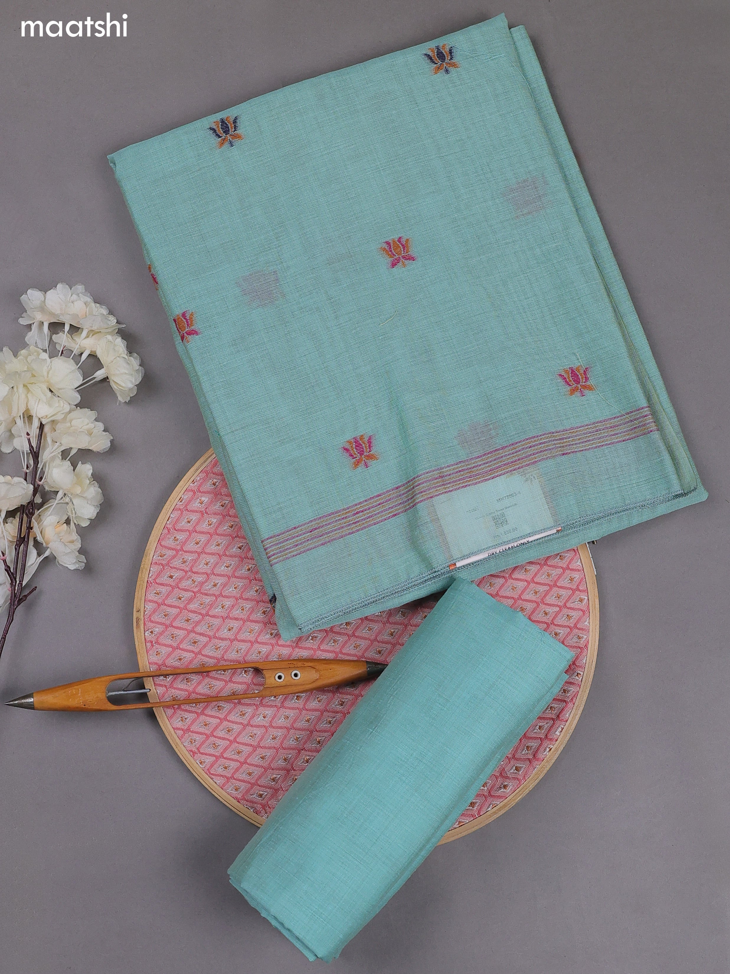 Teal Blue Munga Cotton Dress Material With Thread & Zari Woven Floral Pattern