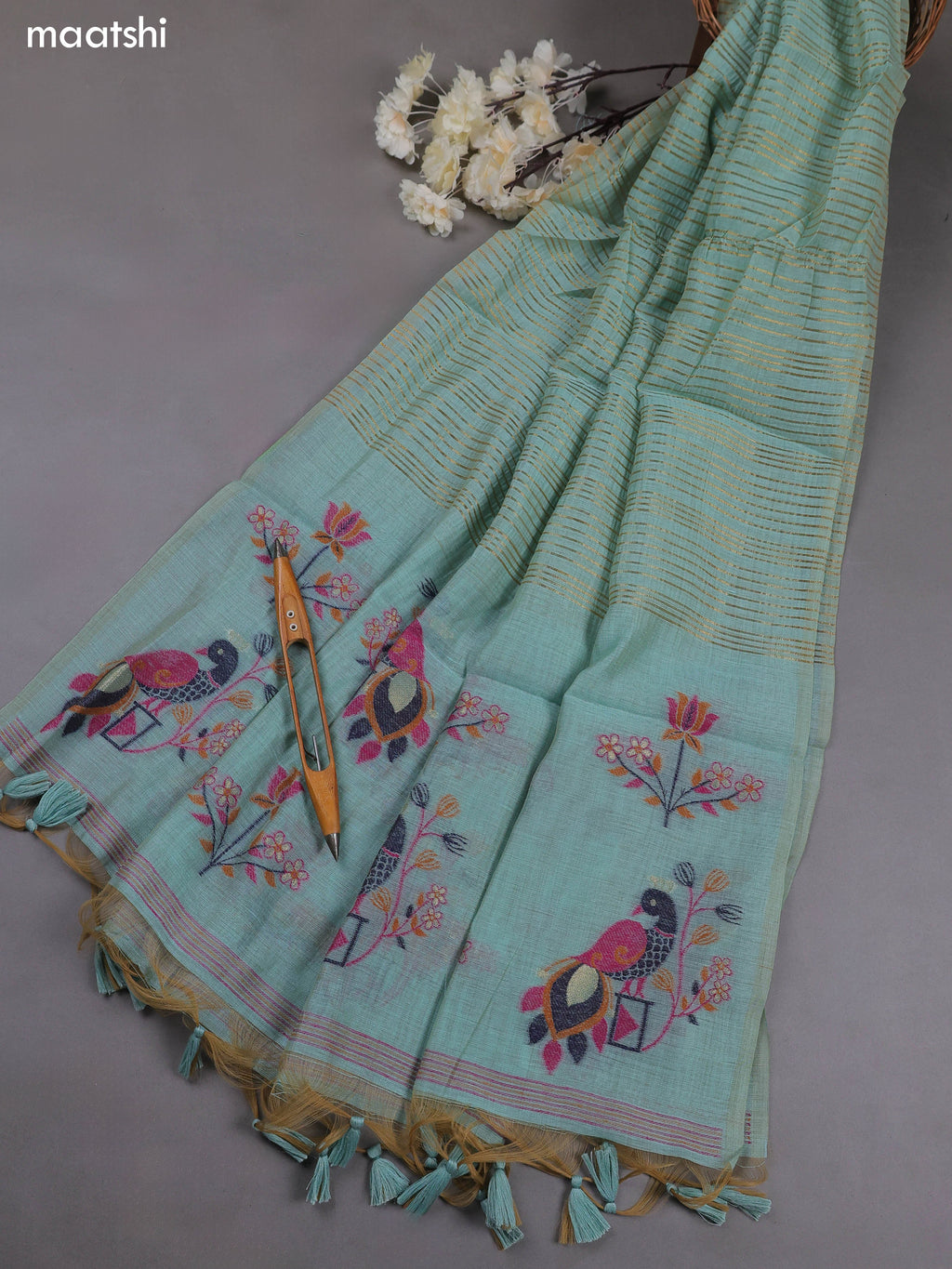 Teal Blue Munga Cotton Dress Material With Thread & Zari Woven Floral Pattern