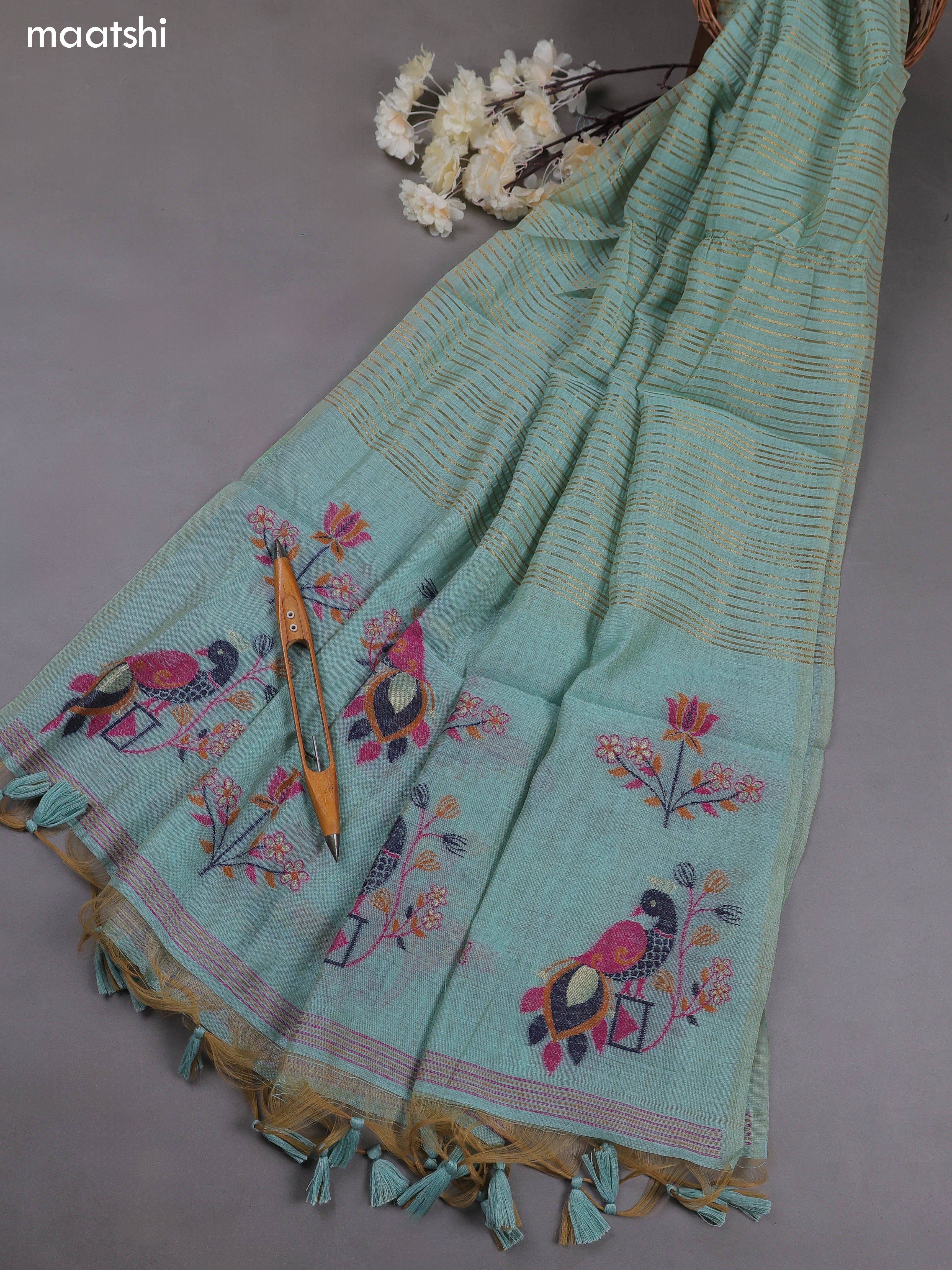 Teal Blue Munga Cotton Dress Material With Thread & Zari Woven Floral Pattern