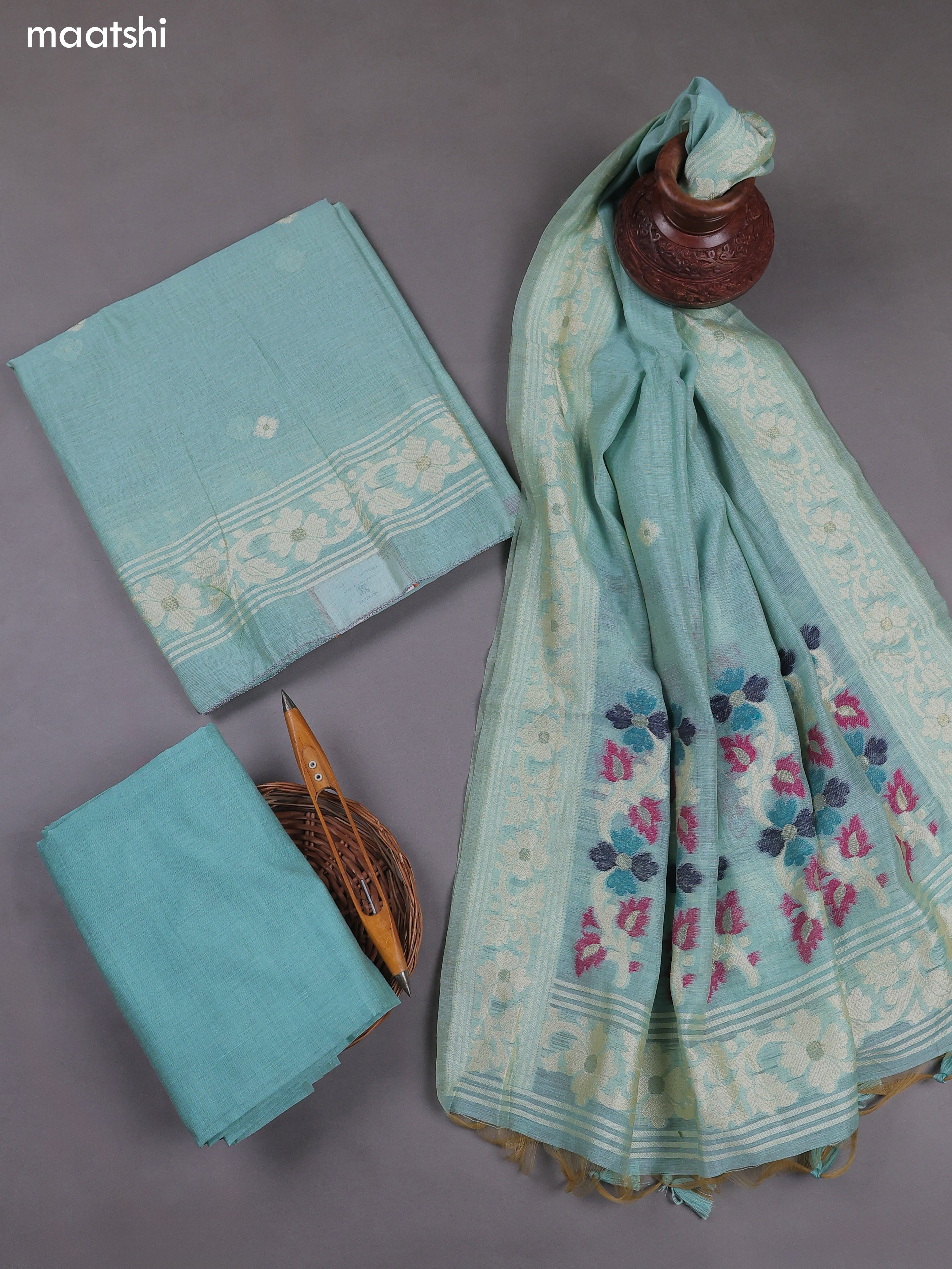 Light Blue Munga Cotton Dress Material With Thread & Zari Woven Floral Pattern
