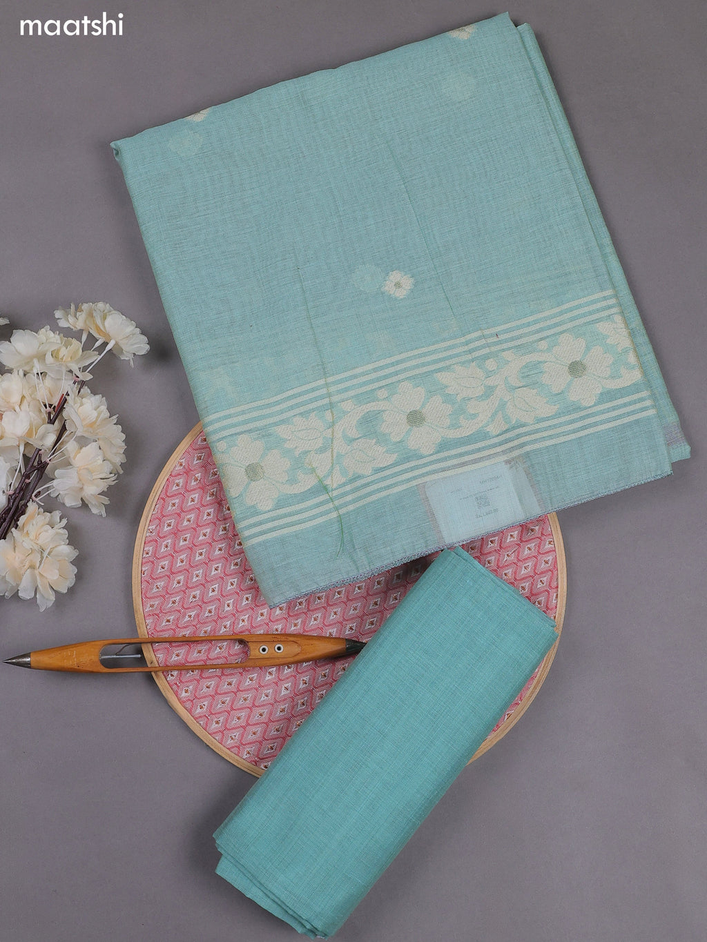 Light Blue Munga Cotton Dress Material With Thread & Zari Woven Floral Pattern