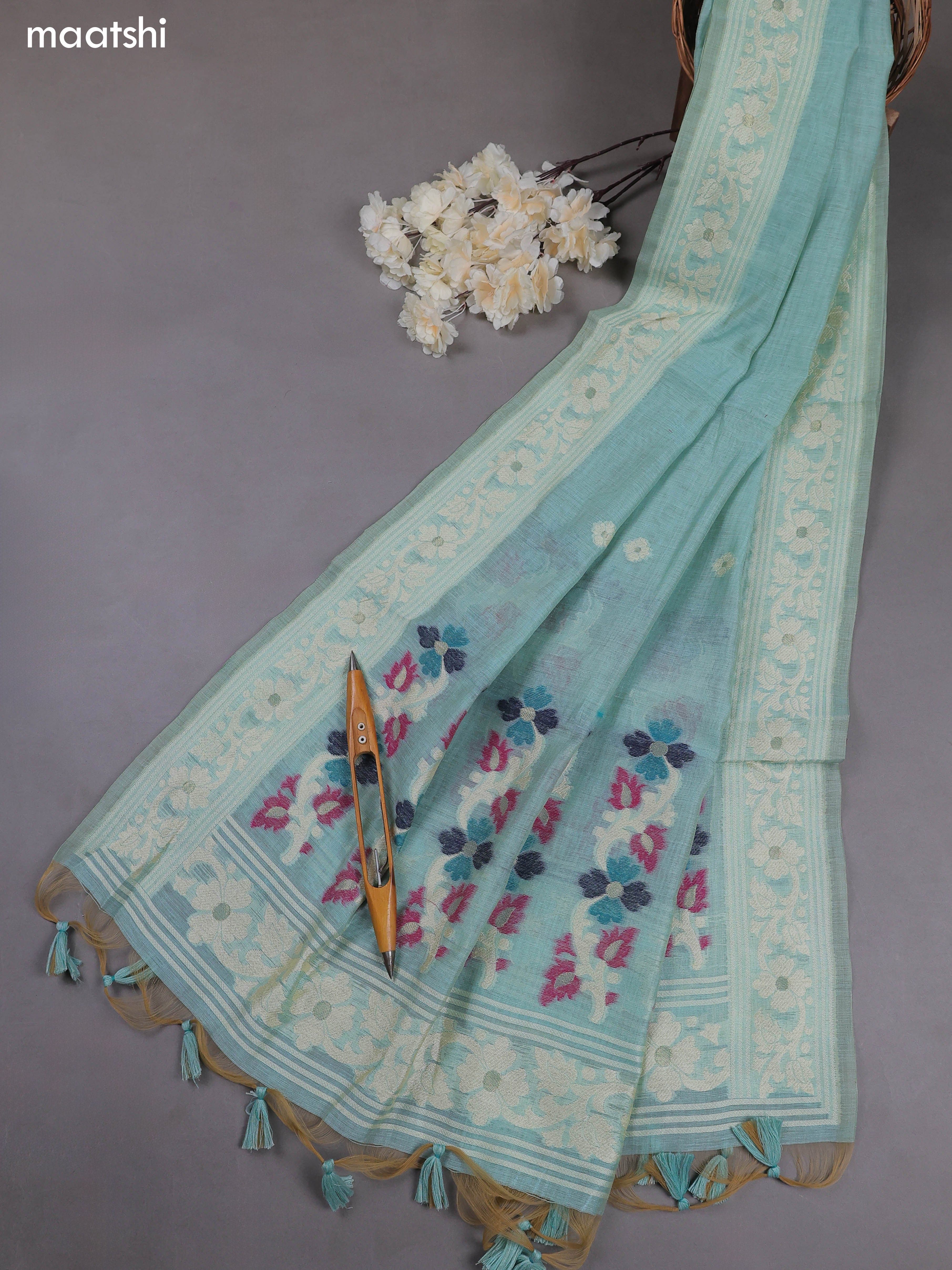 Light Blue Munga Cotton Dress Material With Thread & Zari Woven Floral Pattern