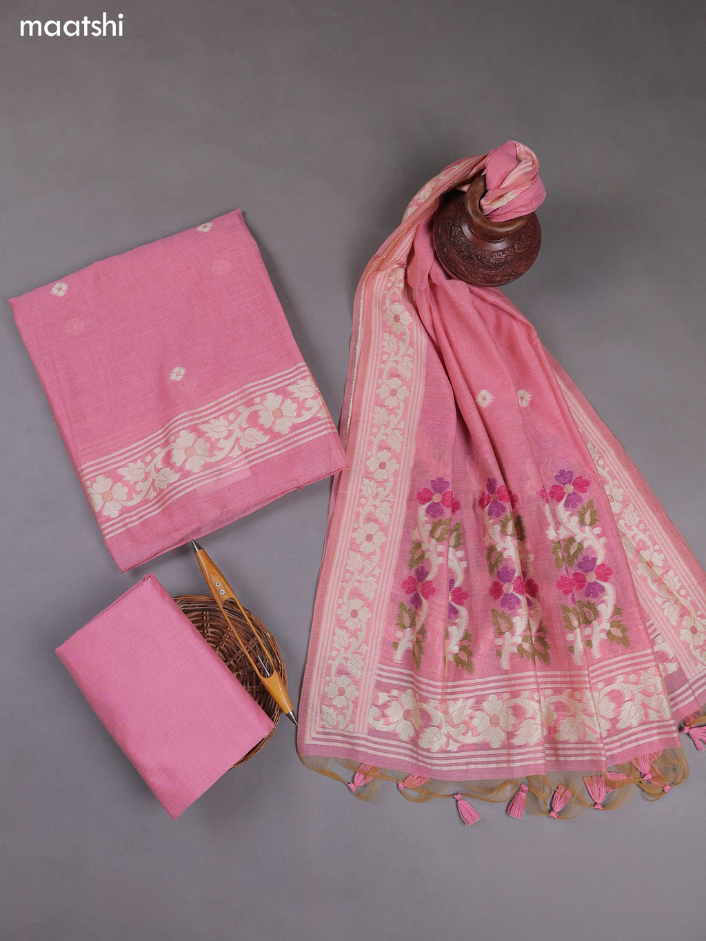 Pink Munga Cotton Dress Material With Thread & Zari Woven Floral Pattern