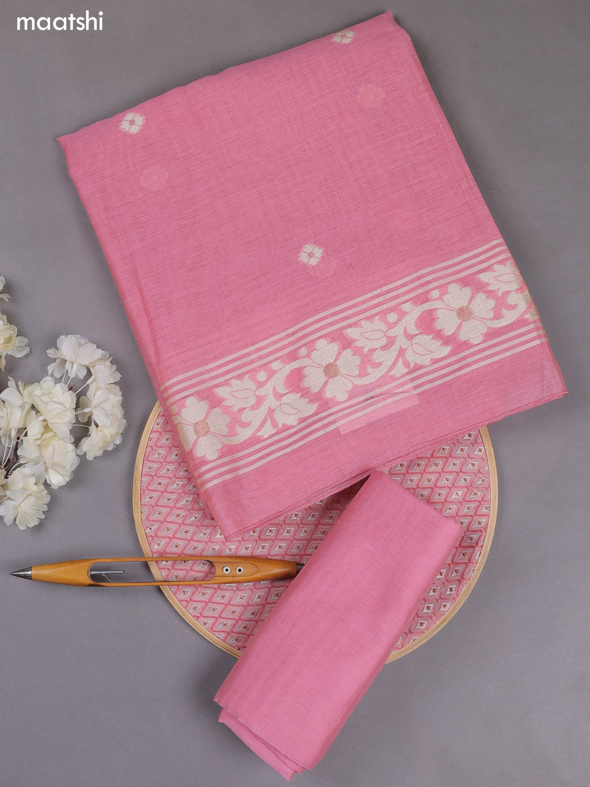 Pink Munga Cotton Dress Material With Thread & Zari Woven Floral Pattern
