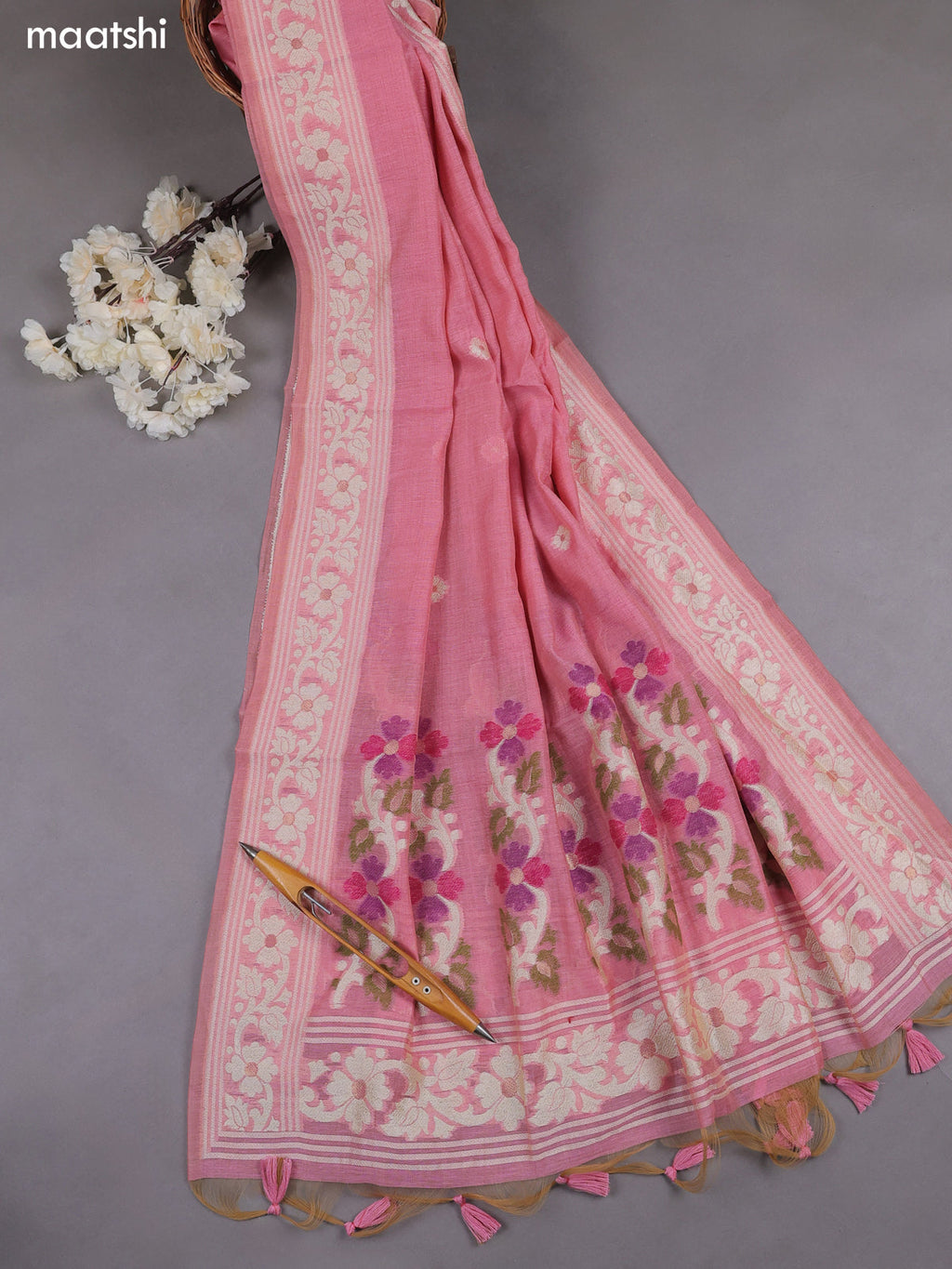 Pink Munga Cotton Dress Material With Thread & Zari Woven Floral Pattern