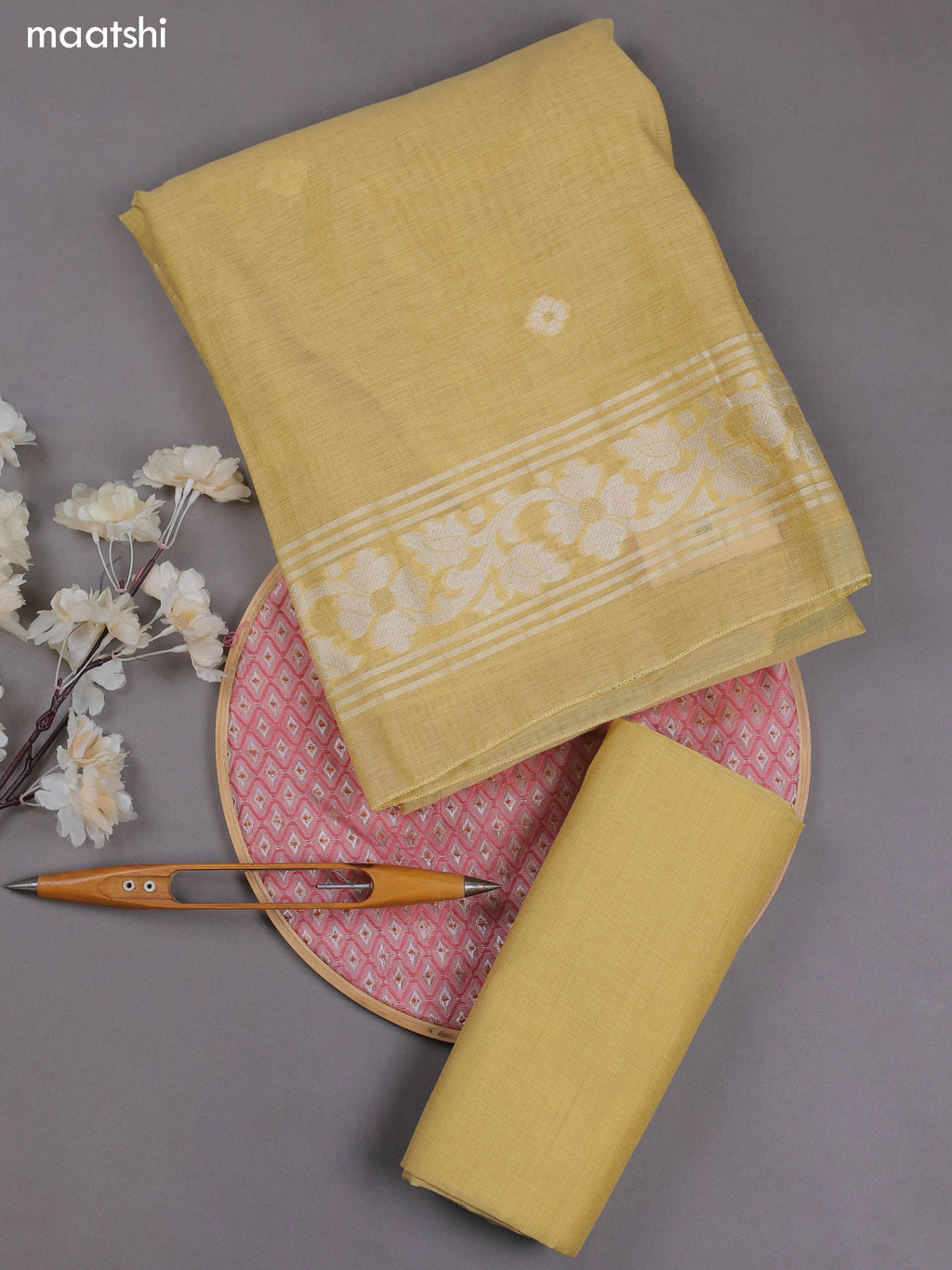 Yellow Munga Cotton Dress Material With Thread & Zari Woven Floral Pattern