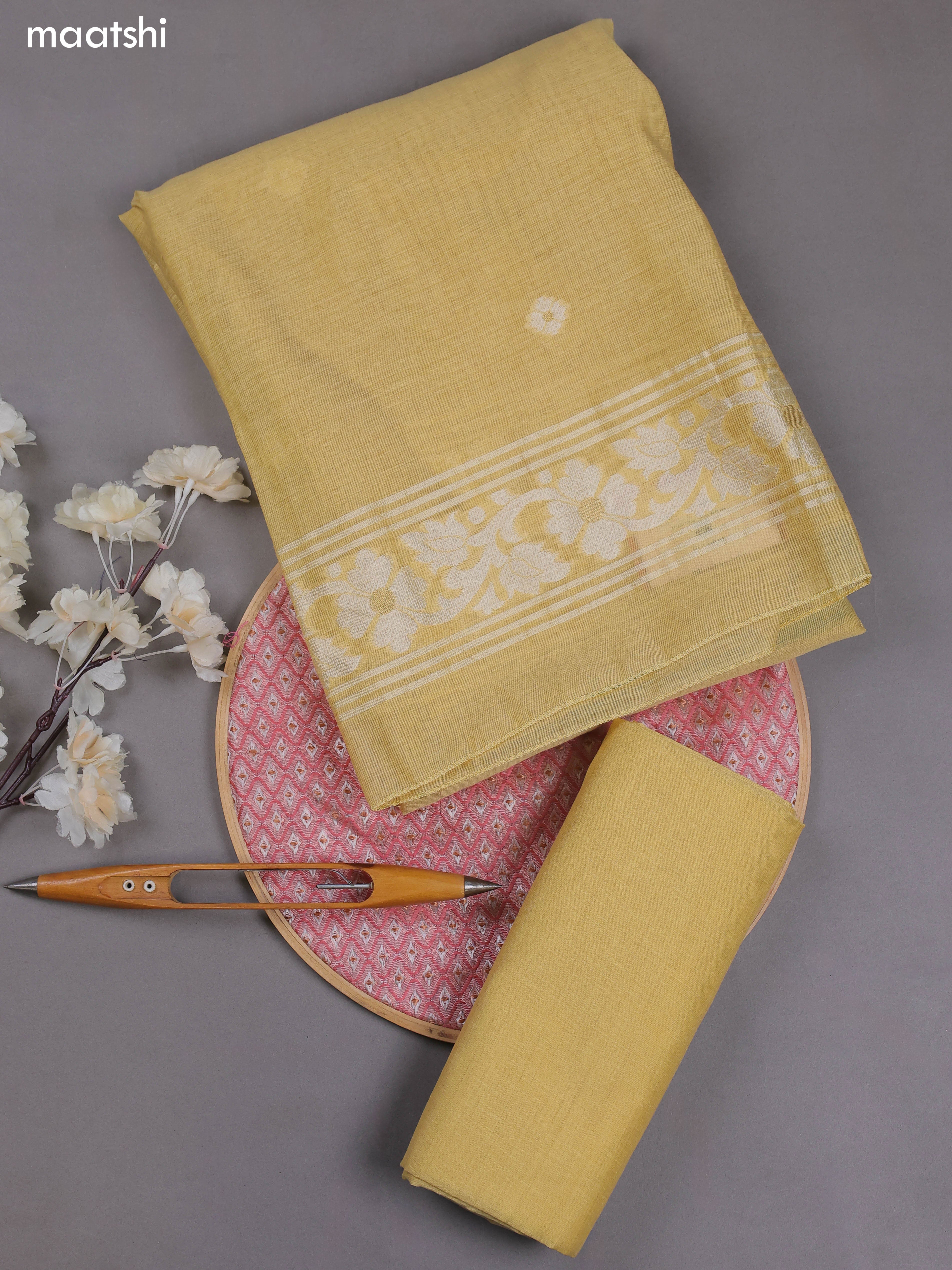 Yellow Munga Cotton Dress Material With Thread & Zari Woven Floral Pattern
