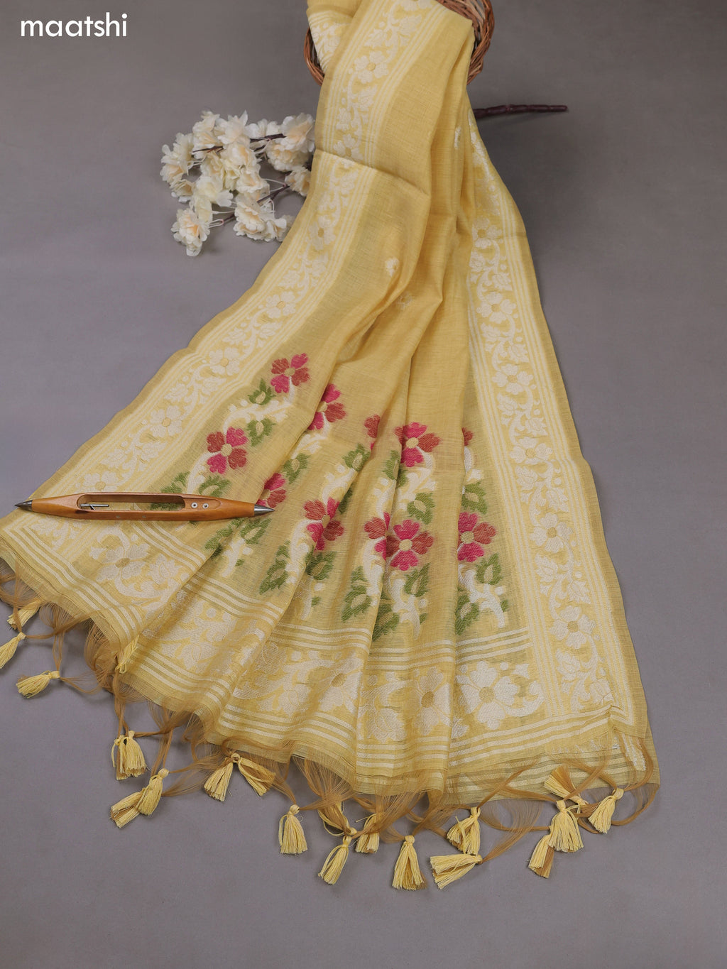 Yellow Munga Cotton Dress Material With Thread & Zari Woven Floral Pattern