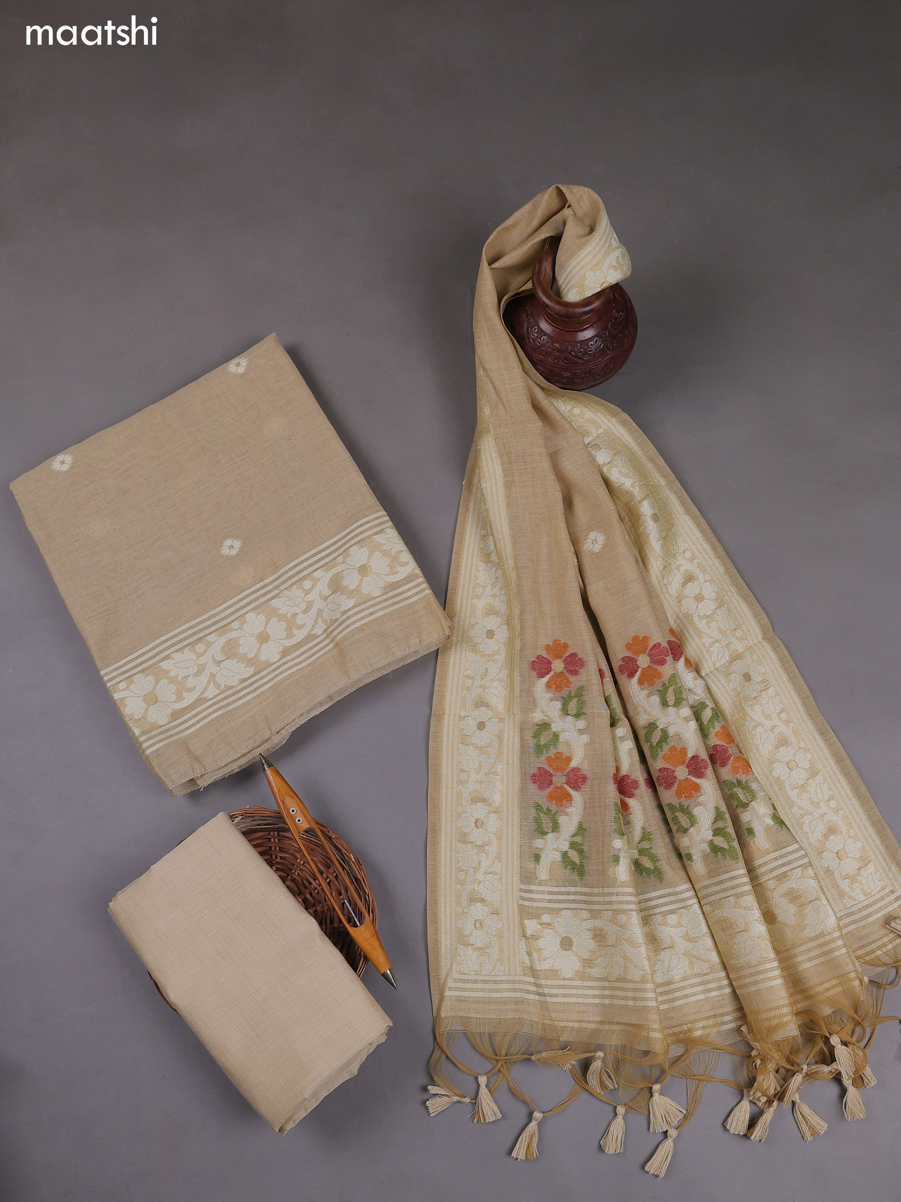 Beige Munga Cotton Dress Material With Thread & Zari Woven Floral Pattern