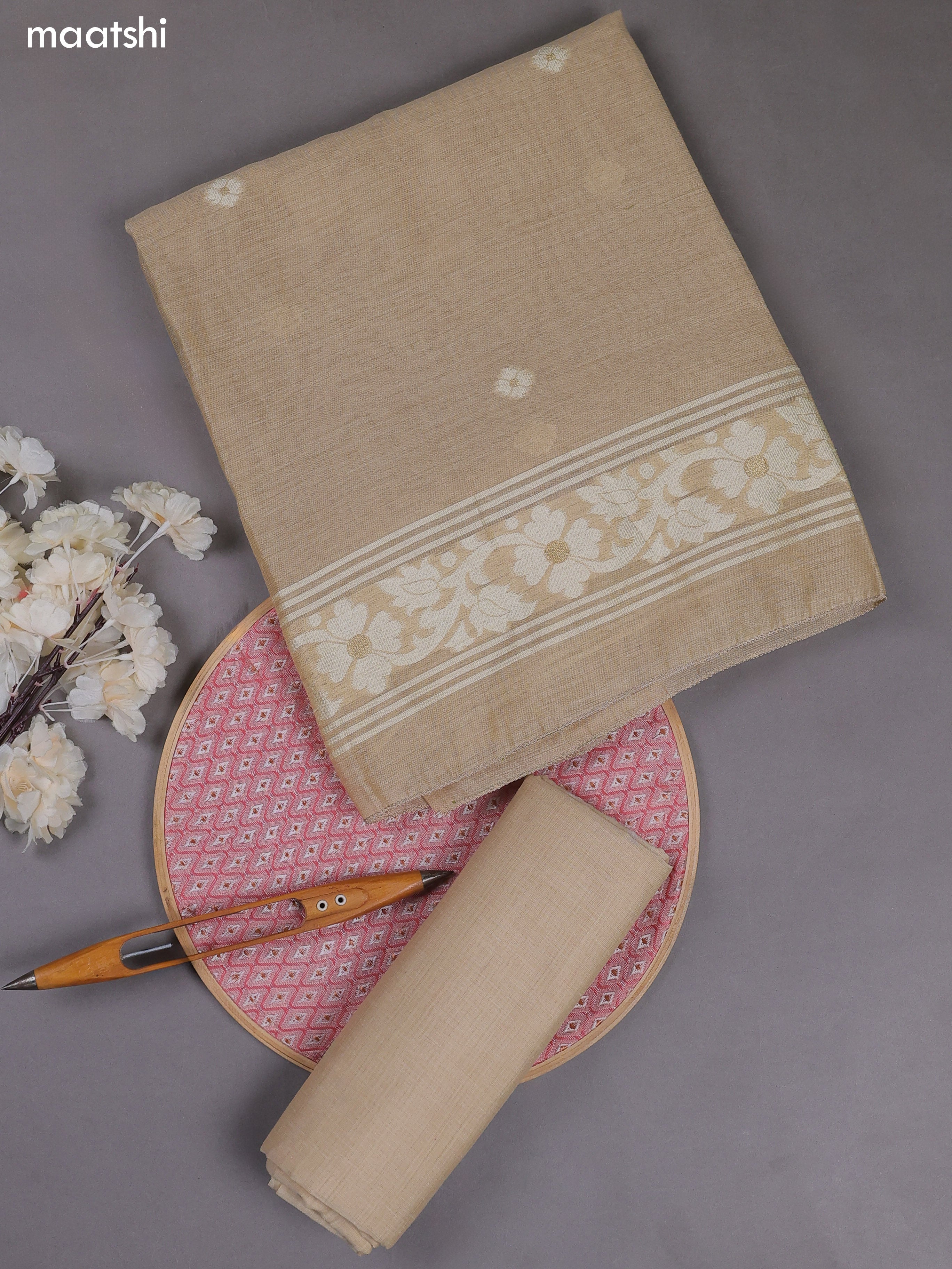 Beige Munga Cotton Dress Material With Thread & Zari Woven Floral Pattern