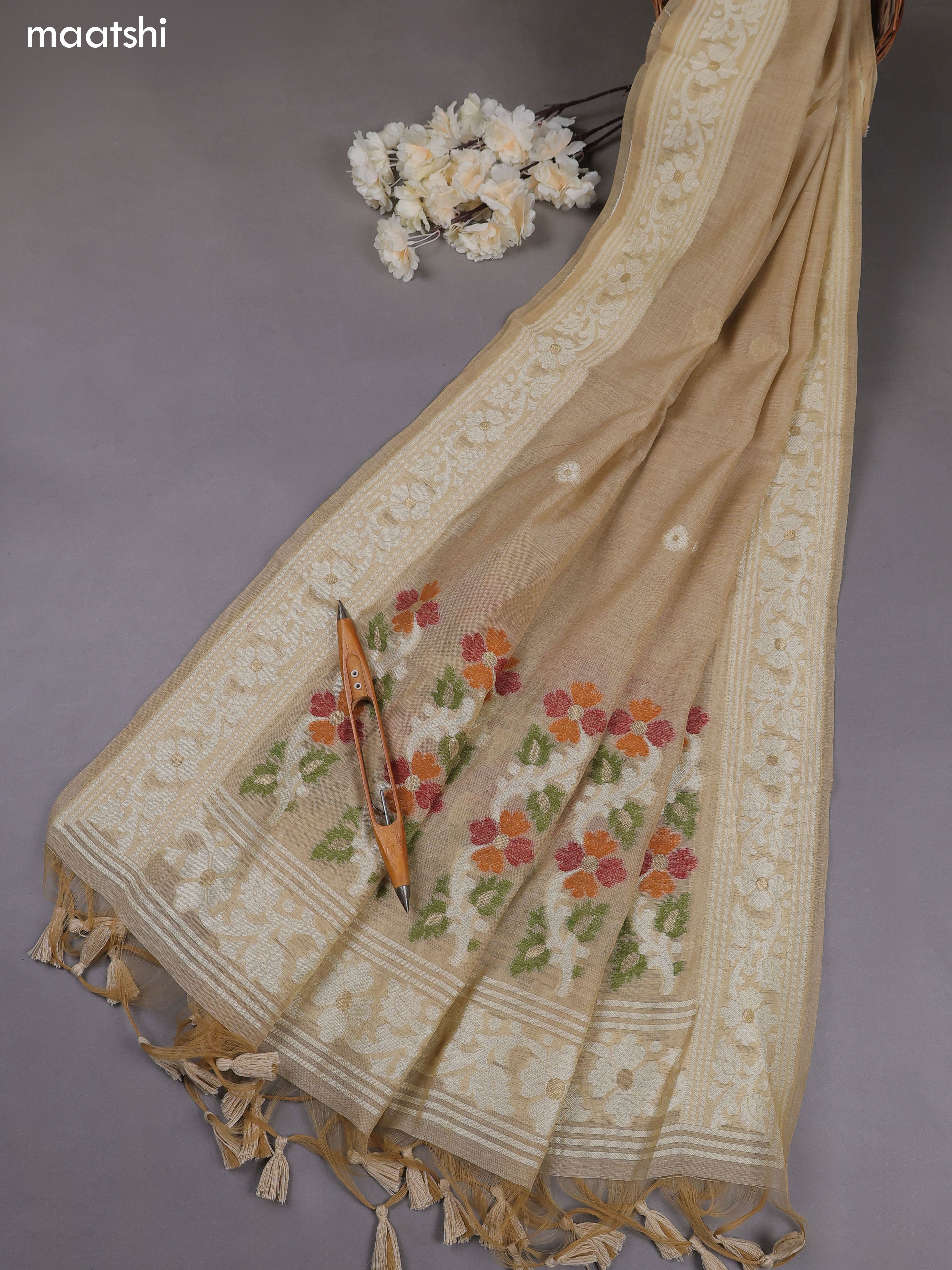 Beige Munga Cotton Dress Material With Thread & Zari Woven Floral Pattern