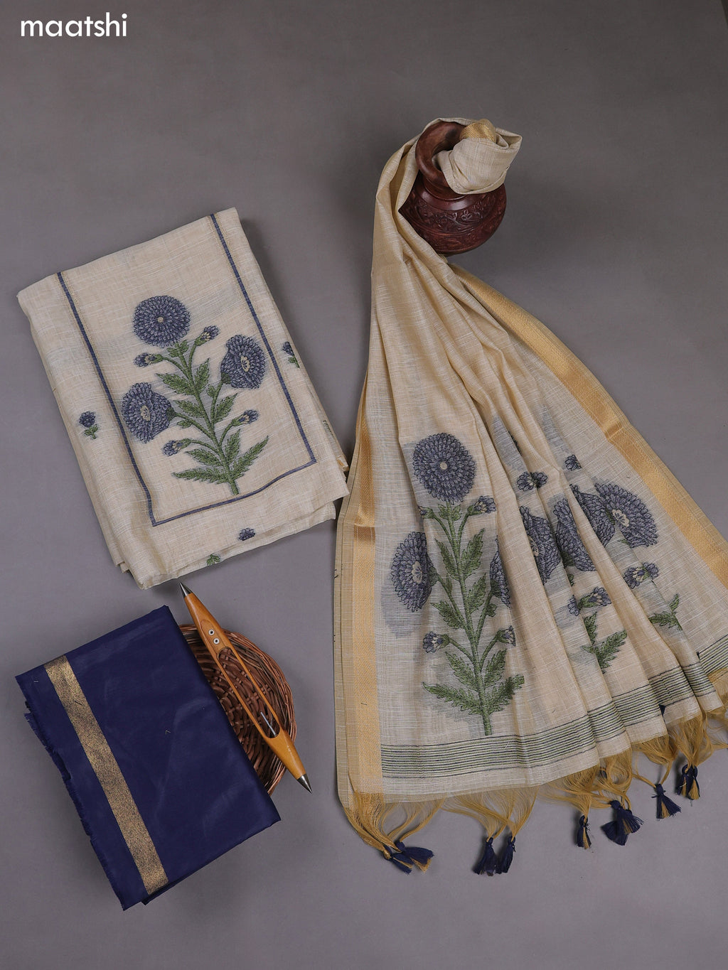 Off White and Navy Blue Munga Cotton Dress Material With Thread & Zari Weaves