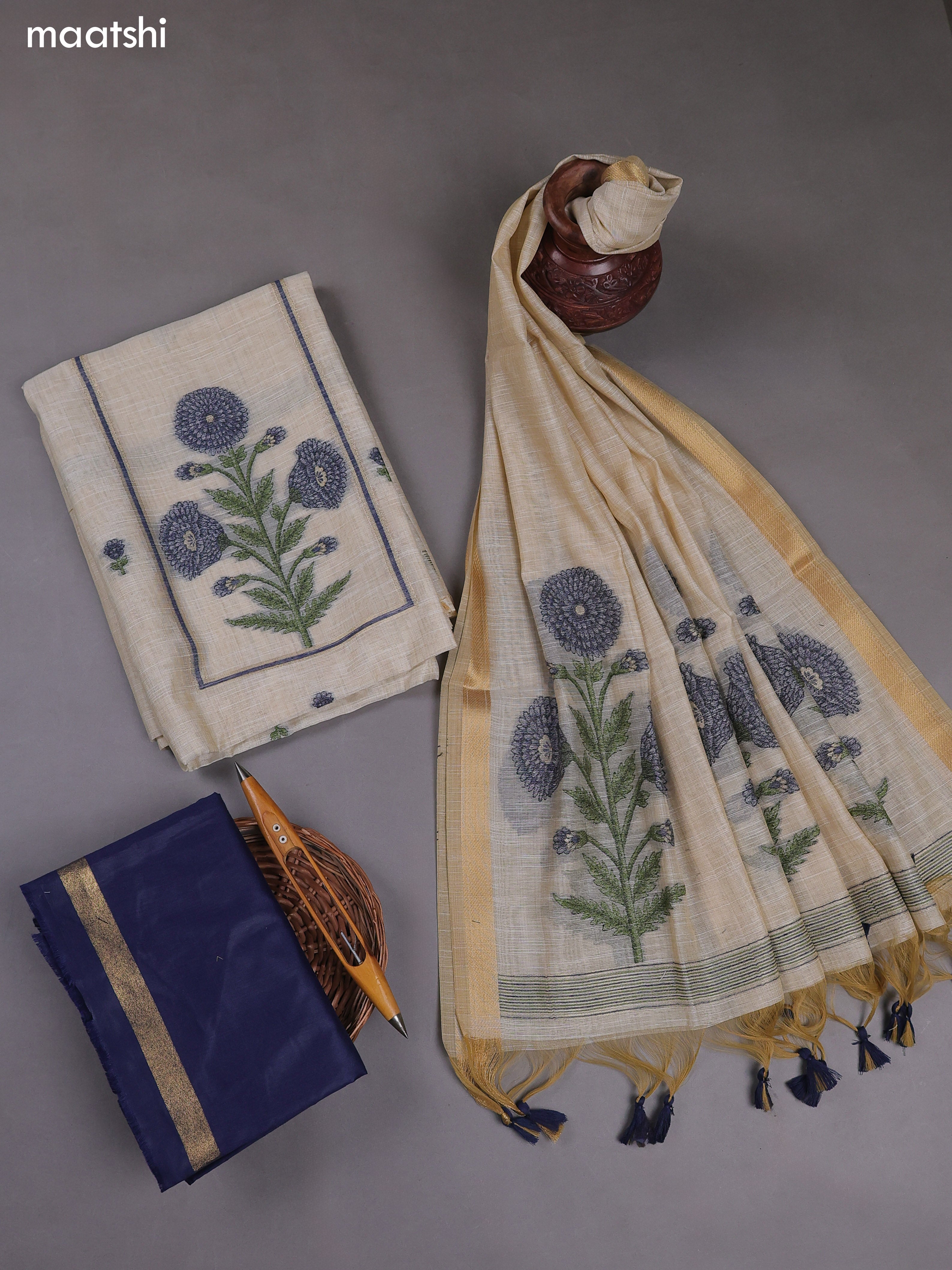 Off White and Navy Blue Munga Cotton Dress Material With Thread & Zari Weaves