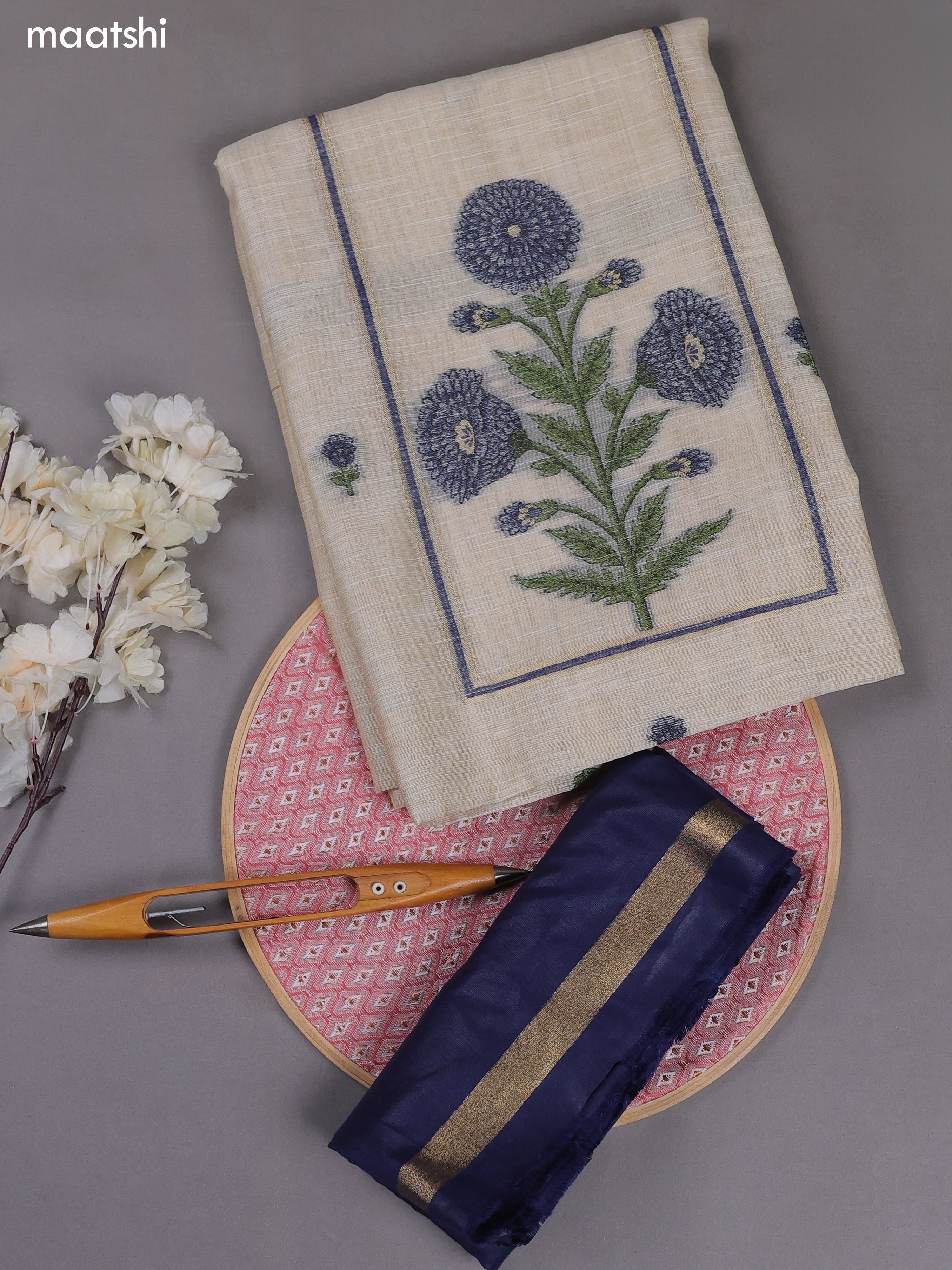 Off White and Navy Blue Munga Cotton Dress Material With Thread & Zari Weaves