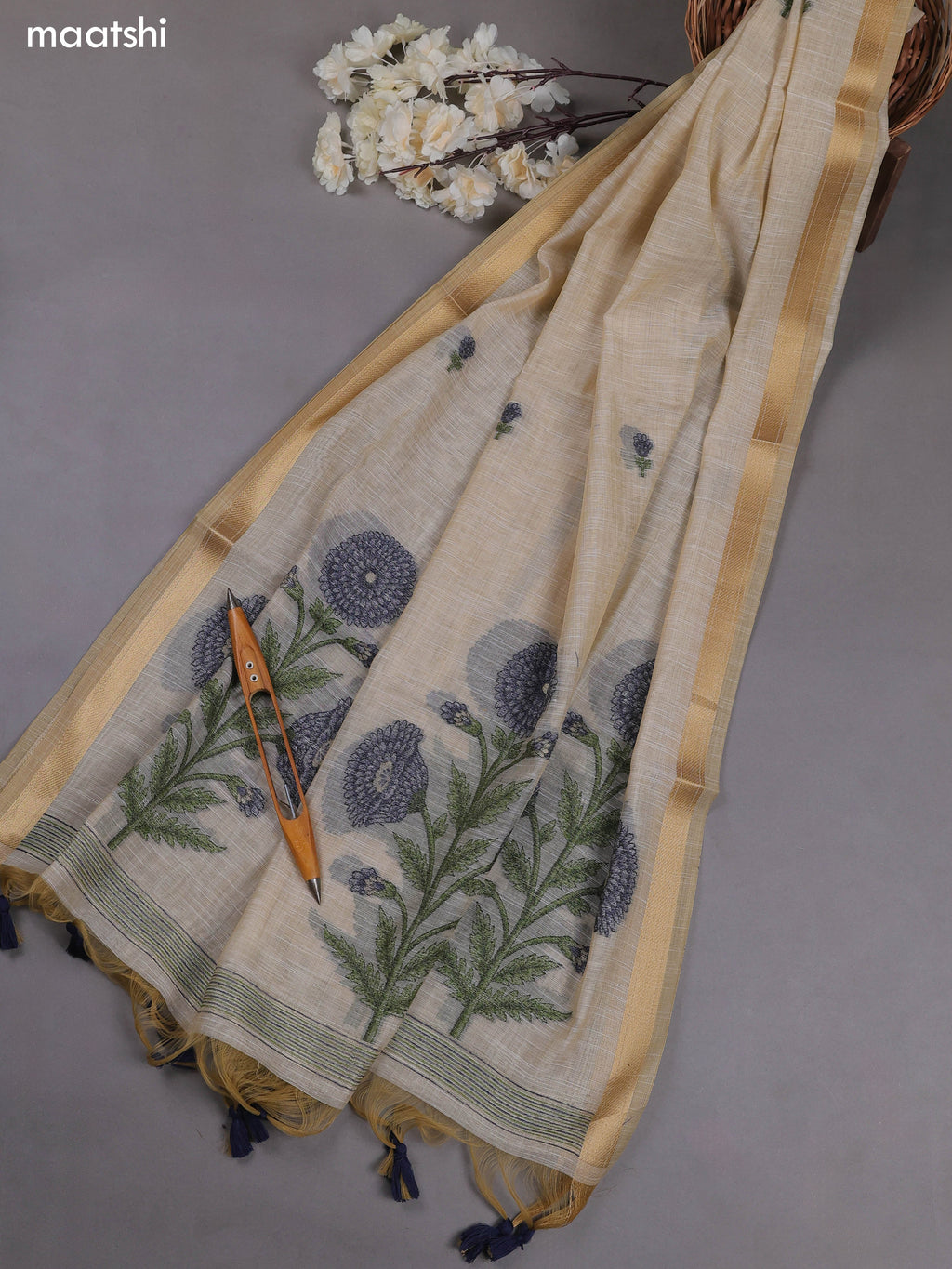 Off White and Navy Blue Munga Cotton Dress Material With Thread & Zari Weaves
