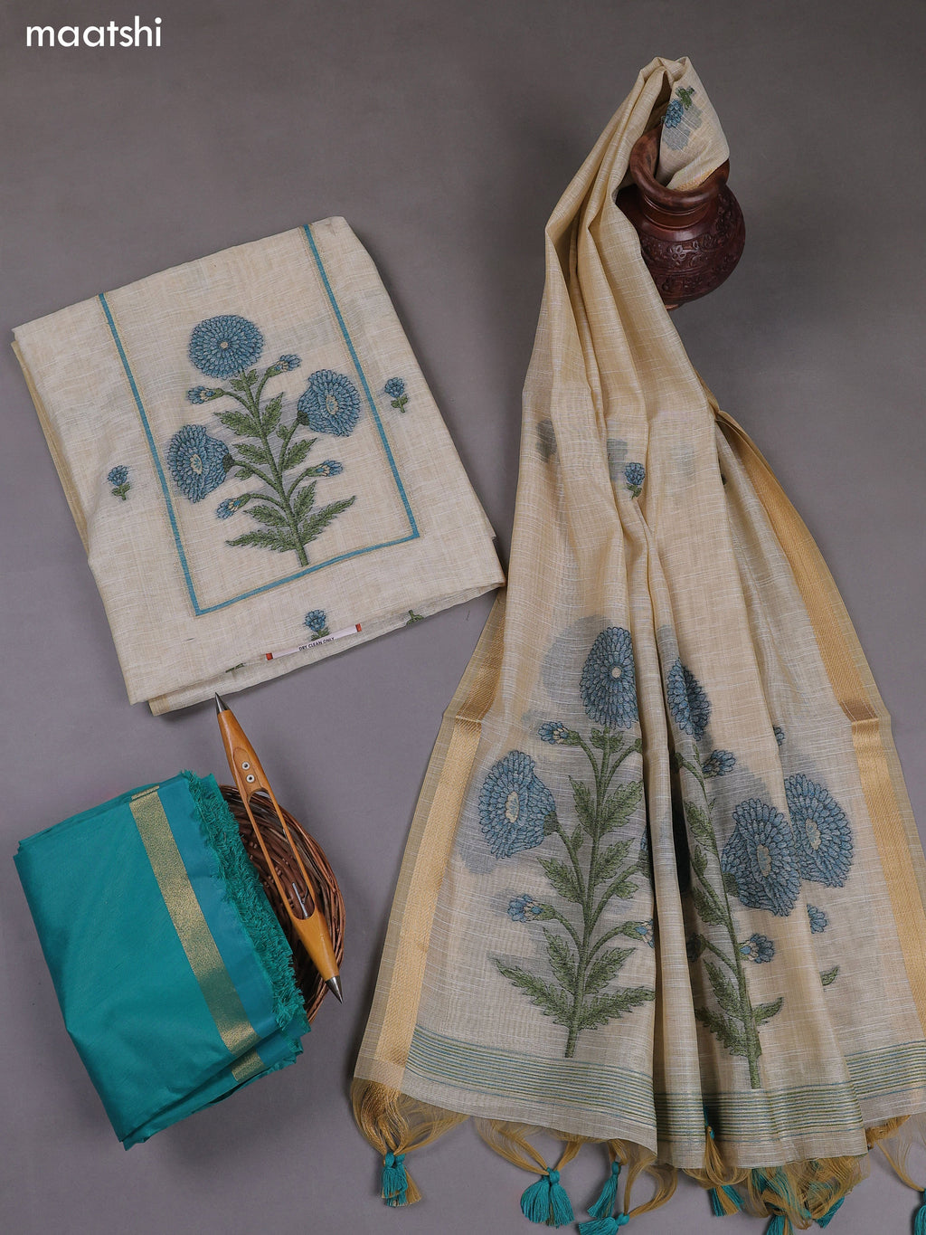 Off White and Blue Munga Cotton Dress Material With Thread & Zari Weaves