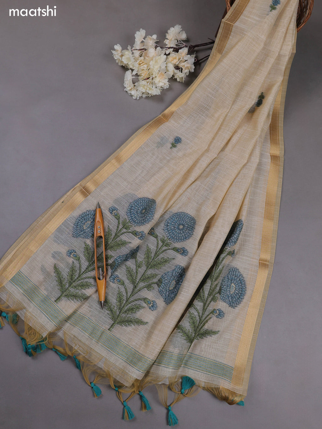 Off White and Blue Munga Cotton Dress Material With Thread & Zari Weaves