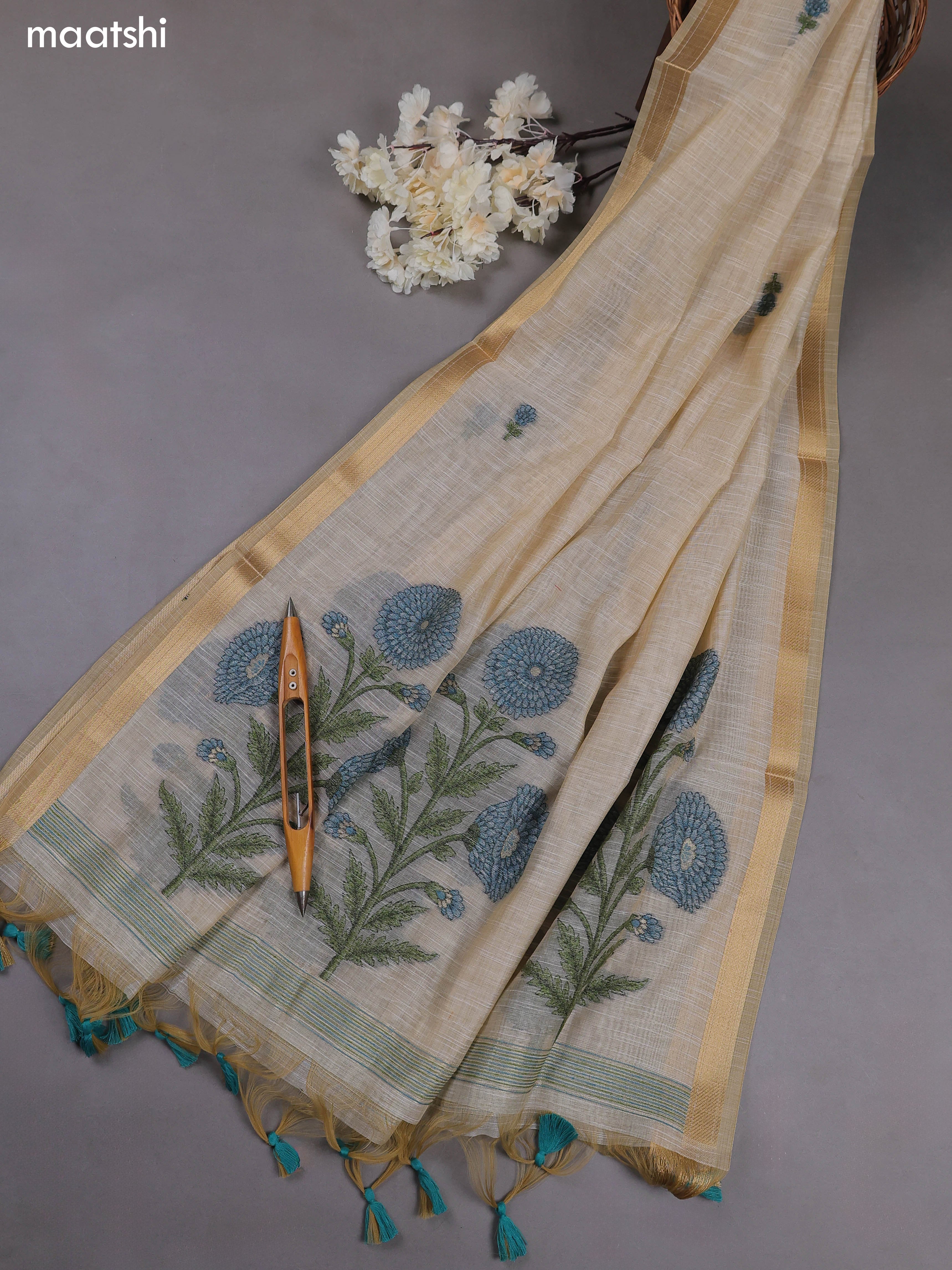 Off White and Blue Munga Cotton Dress Material With Thread & Zari Weaves