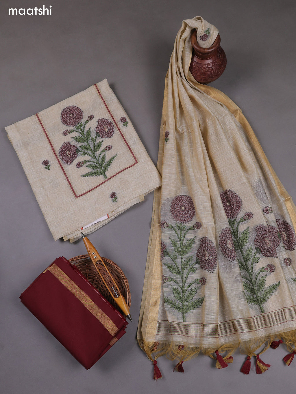Off White and Maroon Munga Cotton Dress Material With Thread & Zari Weaves