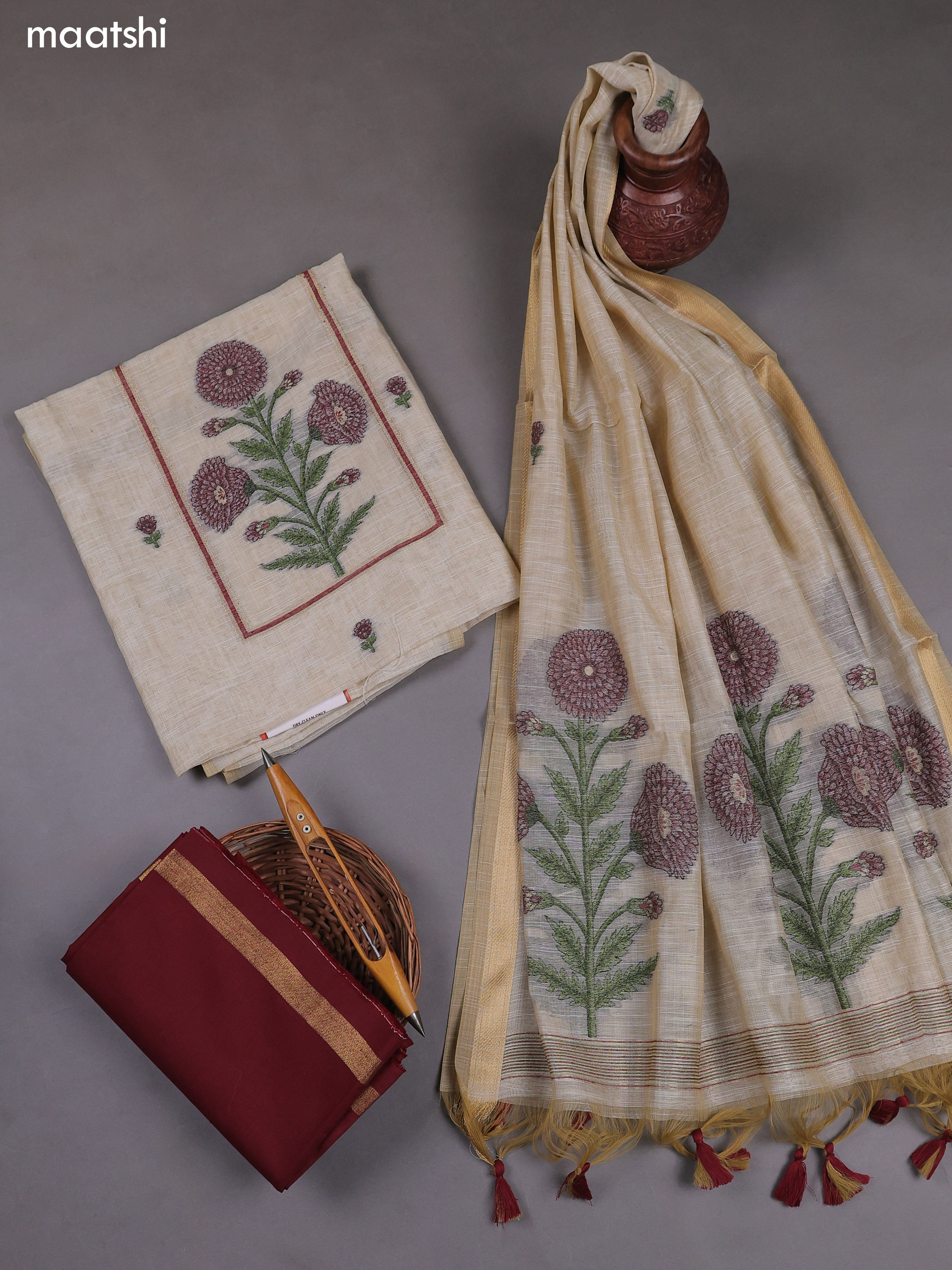 Off White and Maroon Munga Cotton Dress Material With Thread & Zari Weaves