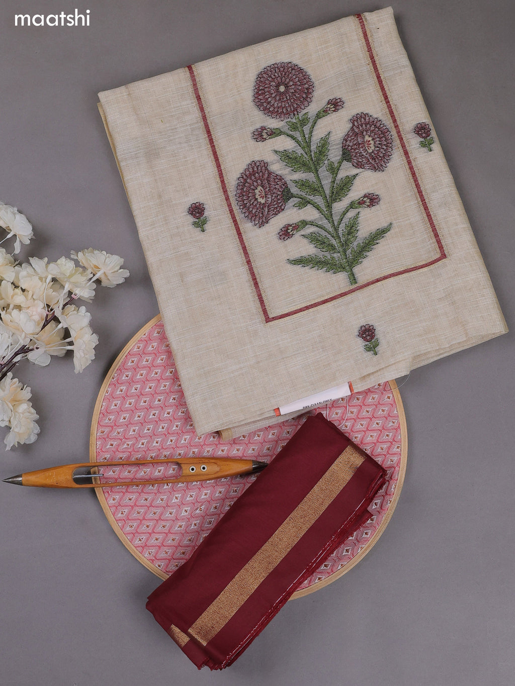 Off White and Maroon Munga Cotton Dress Material With Thread & Zari Weaves