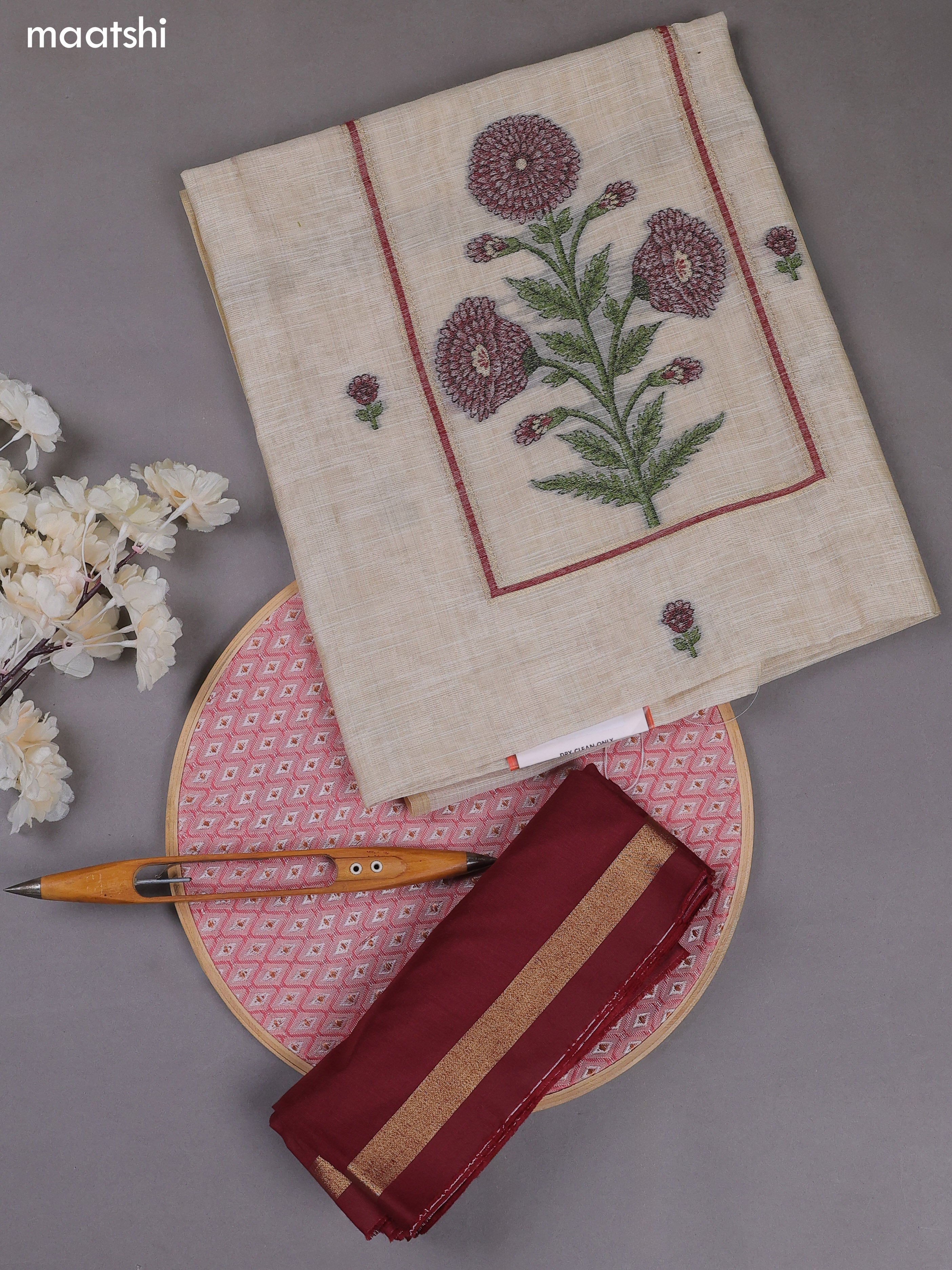 Off White and Maroon Munga Cotton Dress Material With Thread & Zari Weaves