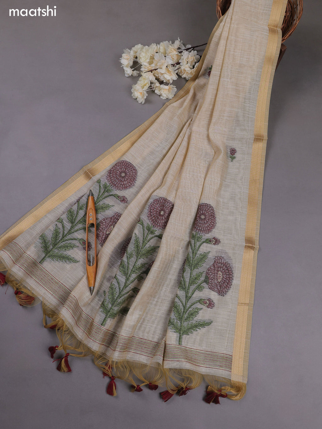 Off White and Maroon Munga Cotton Dress Material With Thread & Zari Weaves