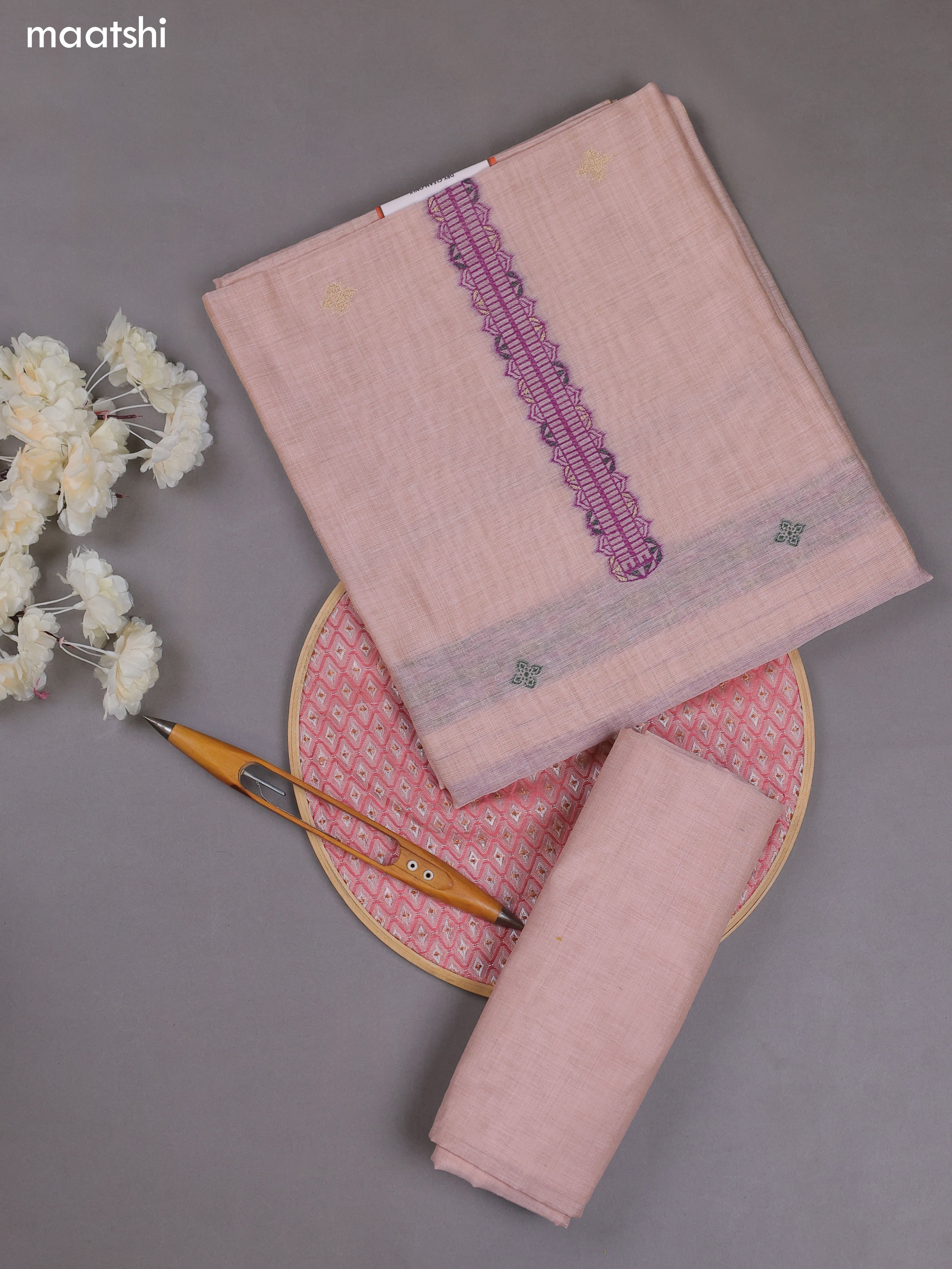 Peach Munga Cotton Dress Material With Thread & Zari Weaves