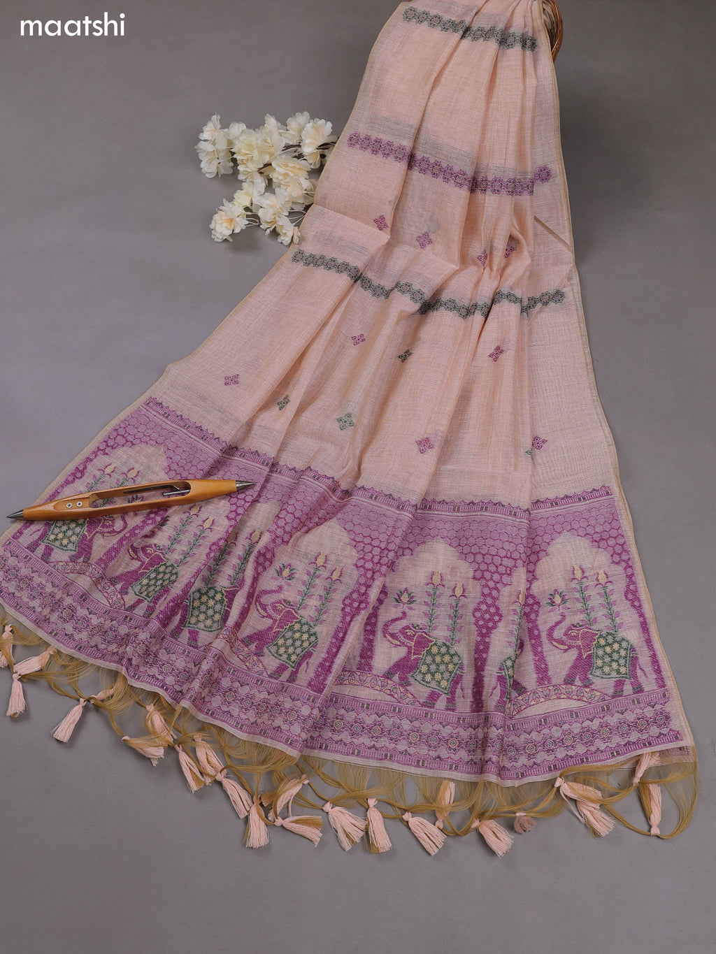 Peach Munga Cotton Dress Material With Thread & Zari Weaves