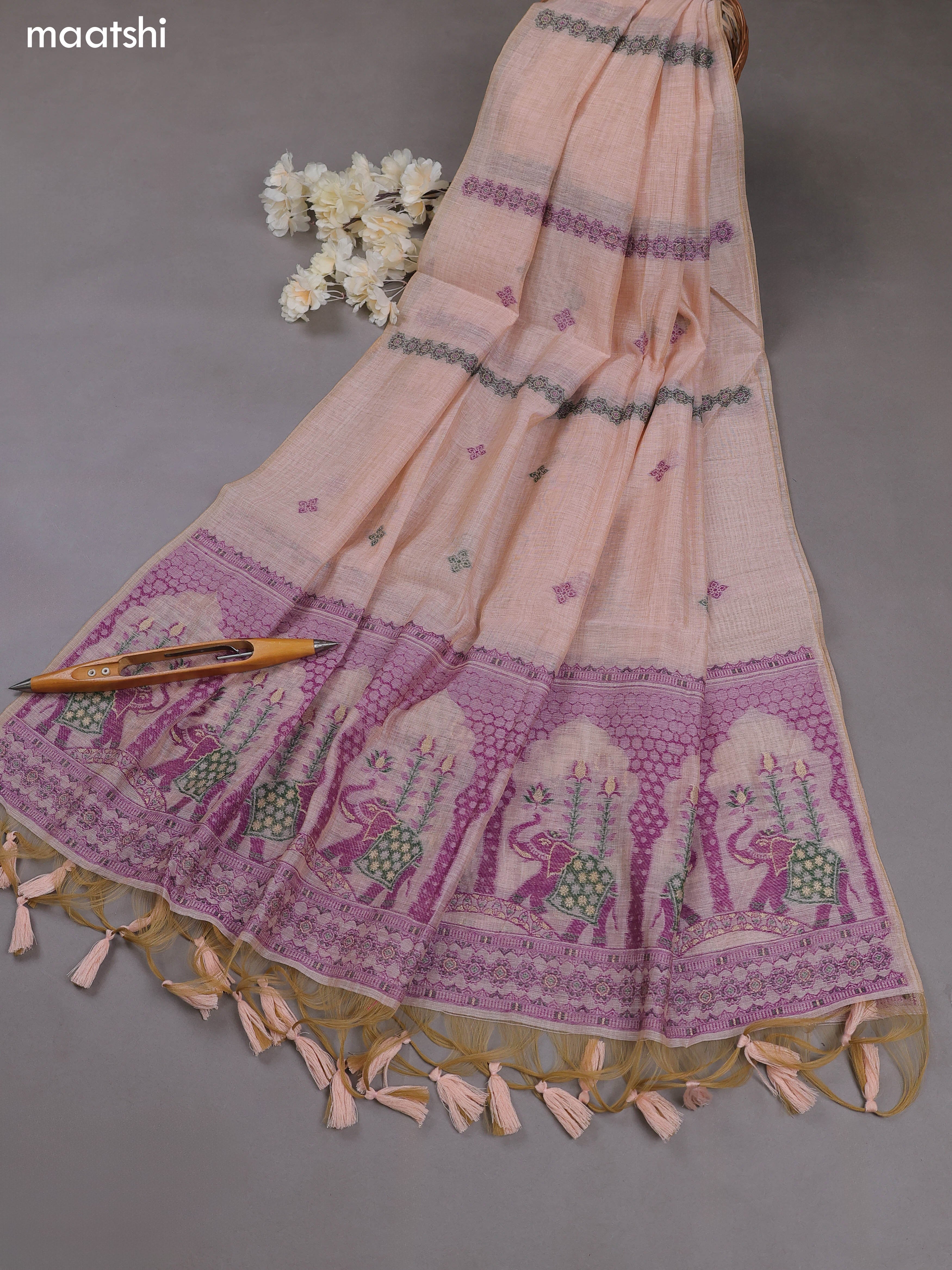Peach Munga Cotton Dress Material With Thread & Zari Weaves