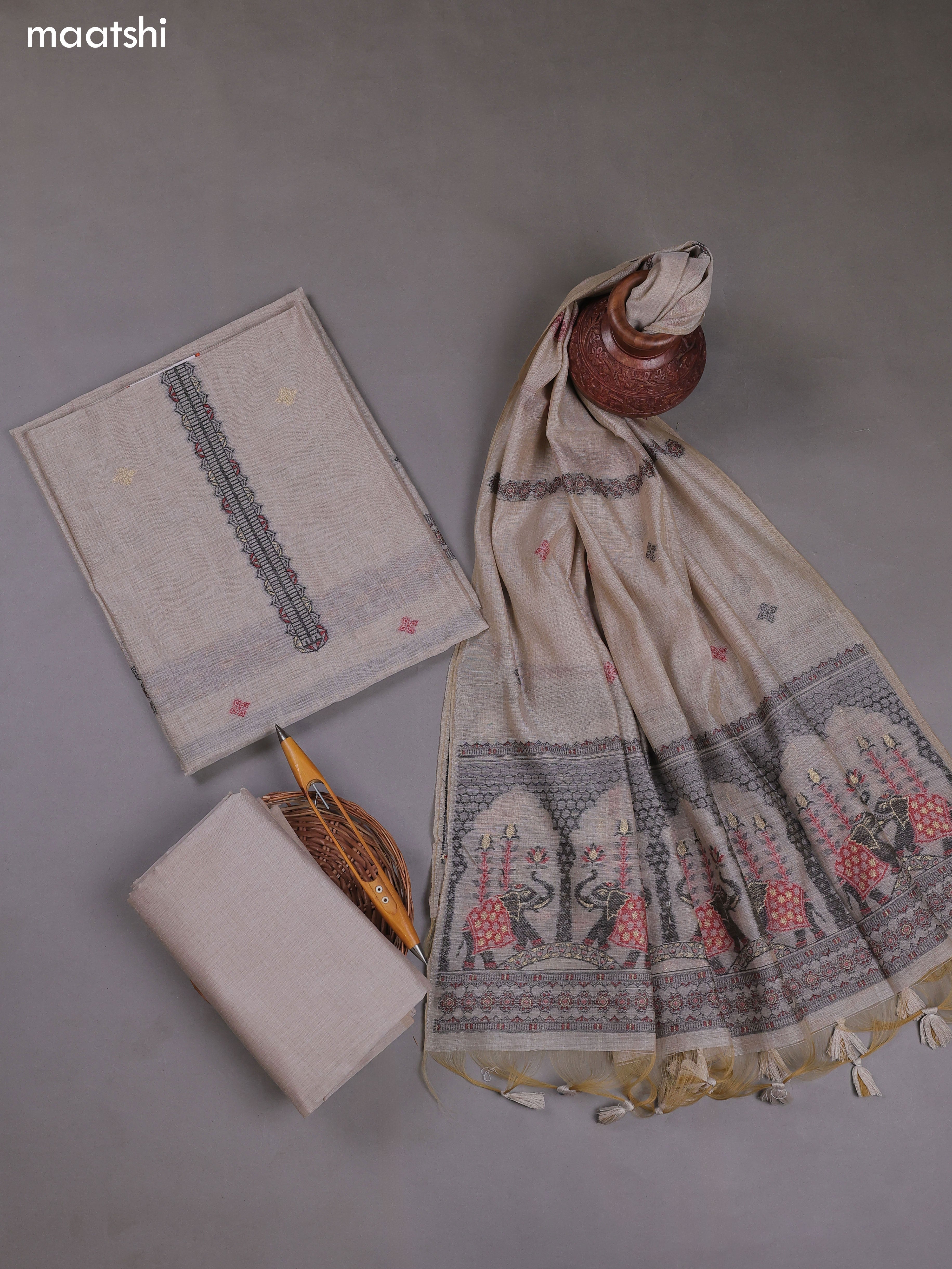 Pastel Brown Munga Cotton Dress Material With Thread & Zari Weaves
