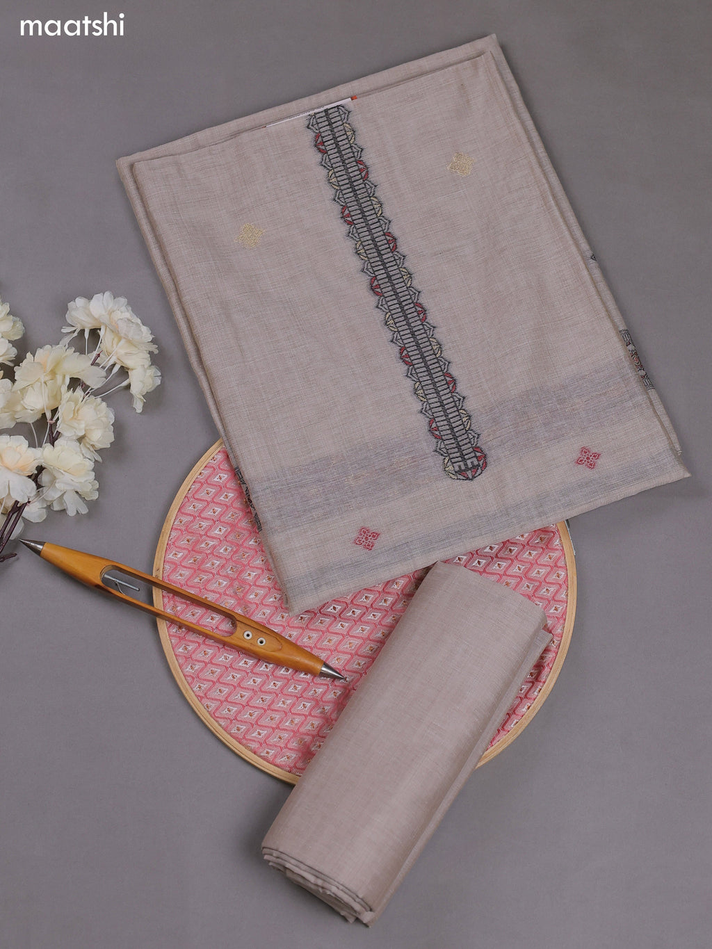 Pastel Brown Munga Cotton Dress Material With Thread & Zari Weaves