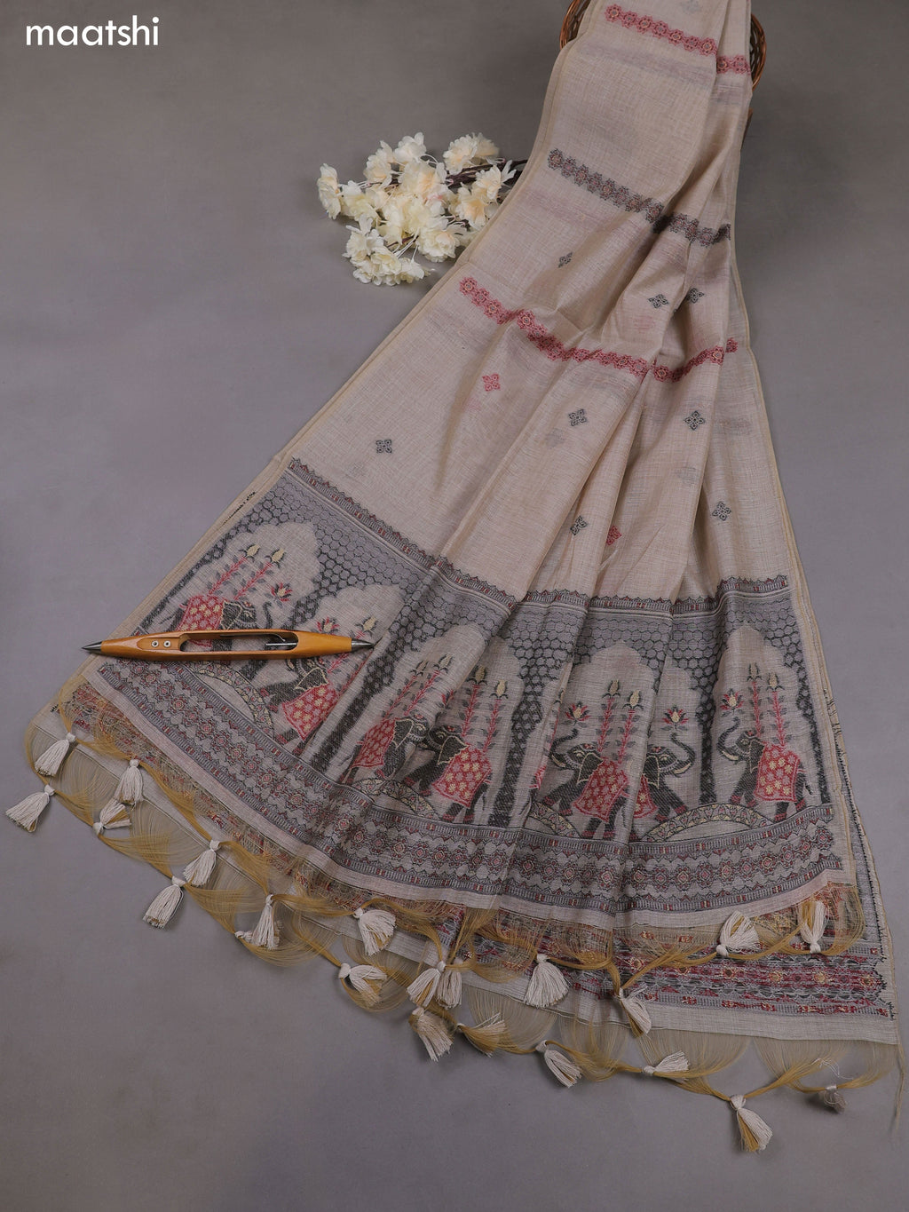 Pastel Brown Munga Cotton Dress Material With Thread & Zari Weaves