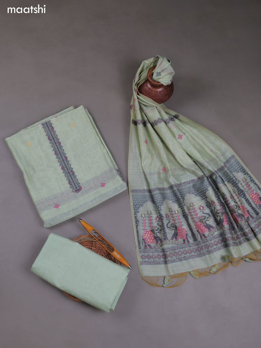 Pastel Green Munga Cotton Dress Material With Thread & Zari Weaves