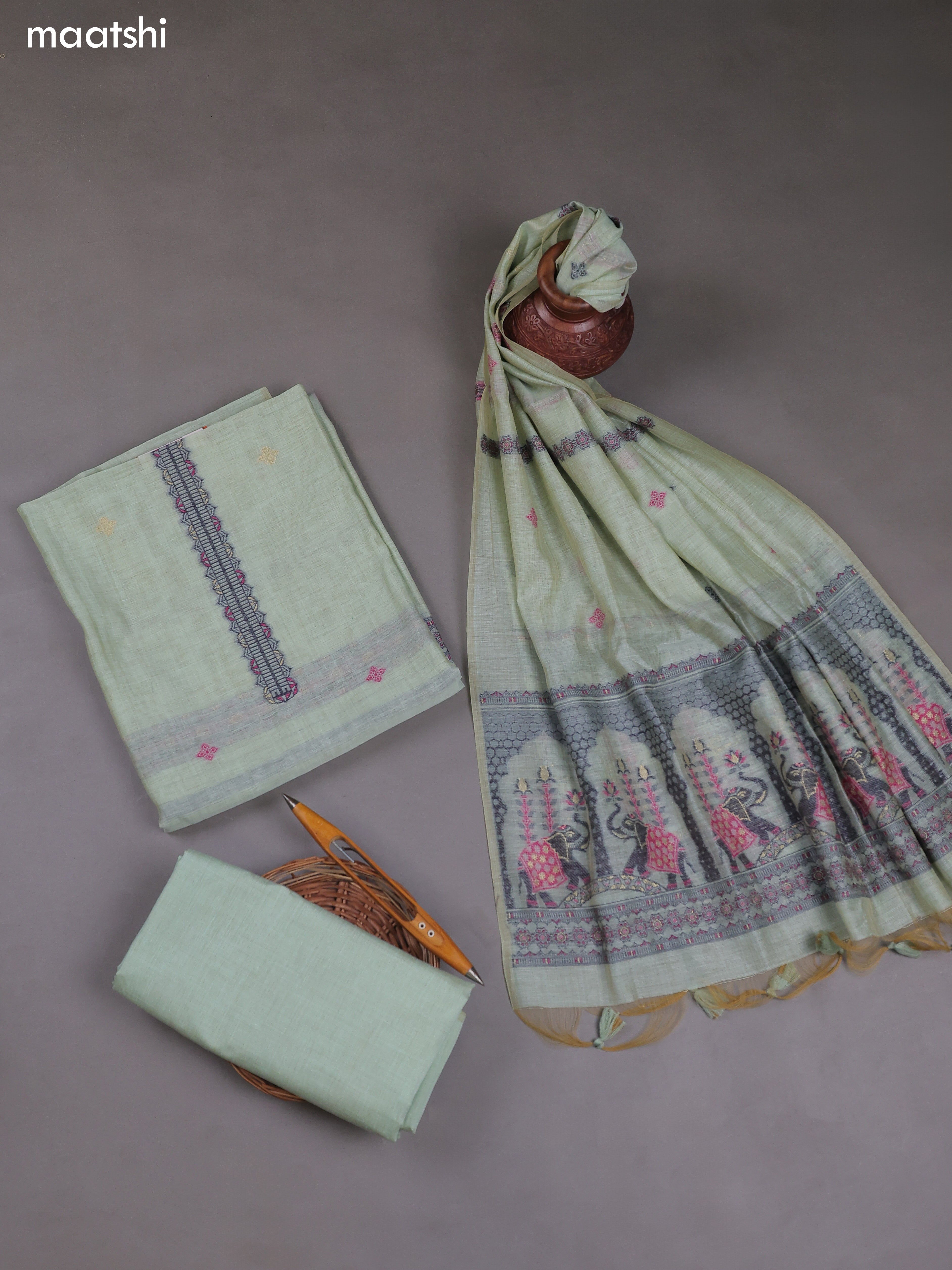 Pastel Green Munga Cotton Dress Material With Thread & Zari Weaves