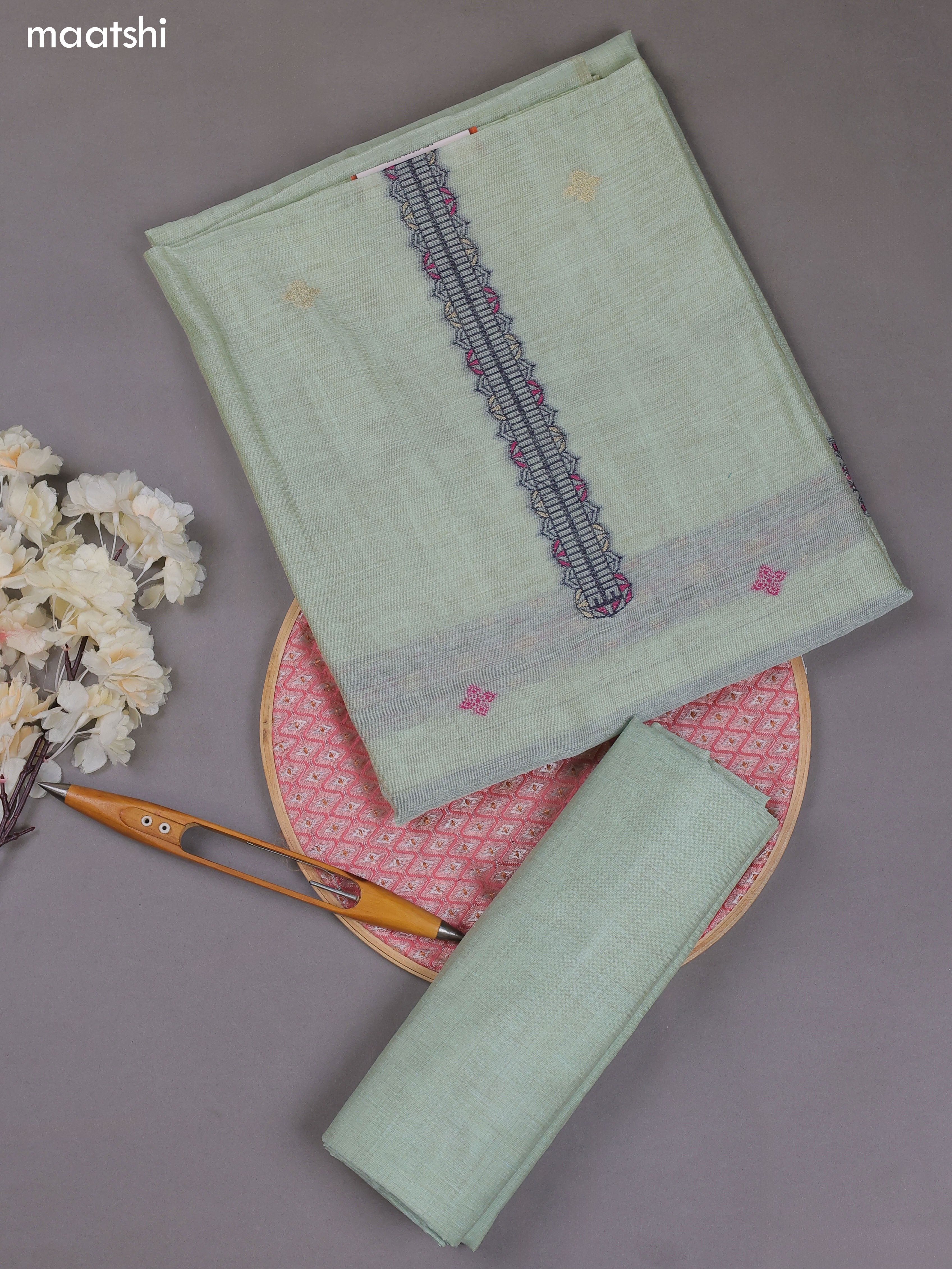 Pastel Green Munga Cotton Dress Material With Thread & Zari Weaves