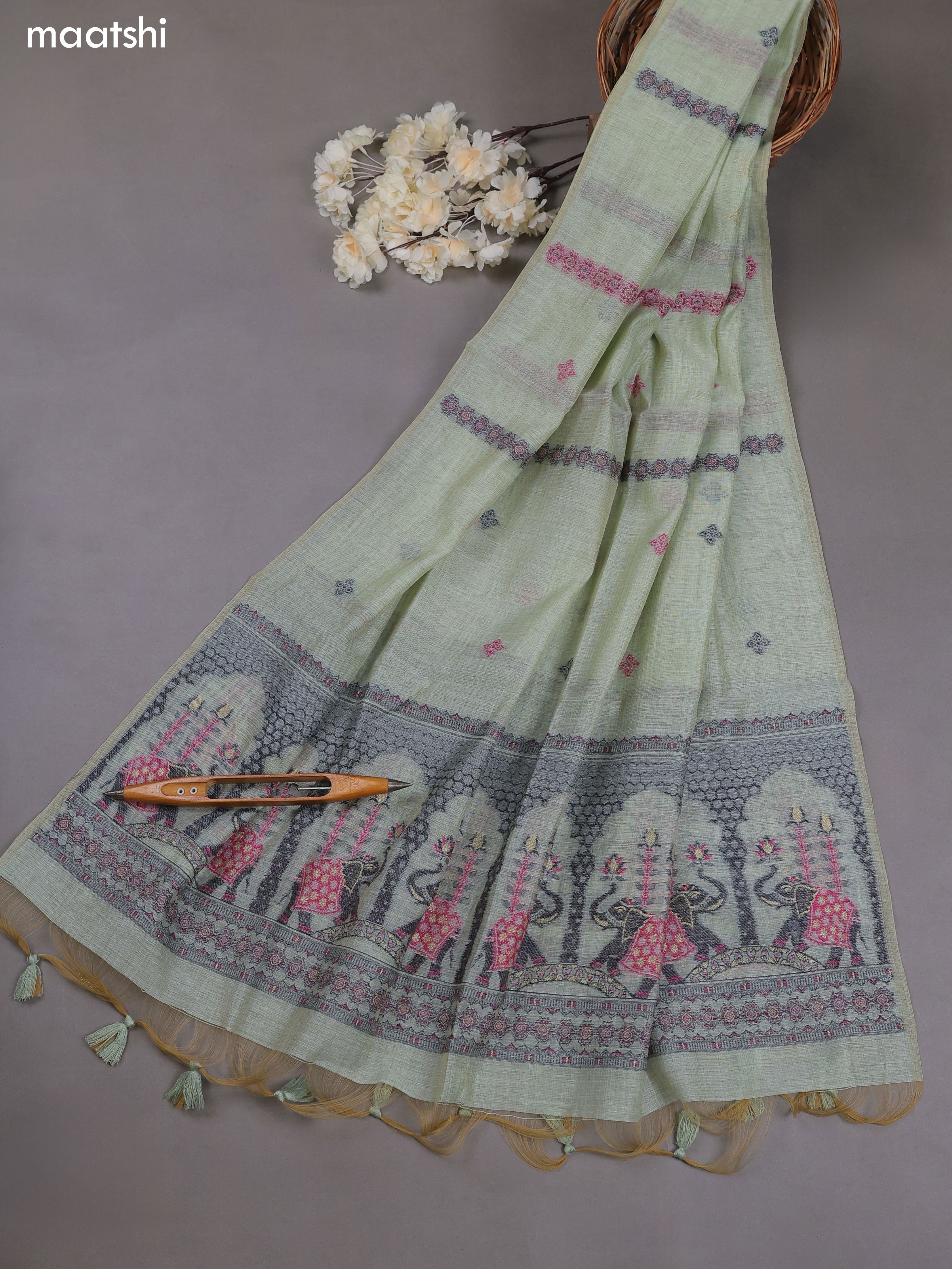 Pastel Green Munga Cotton Dress Material With Thread & Zari Weaves