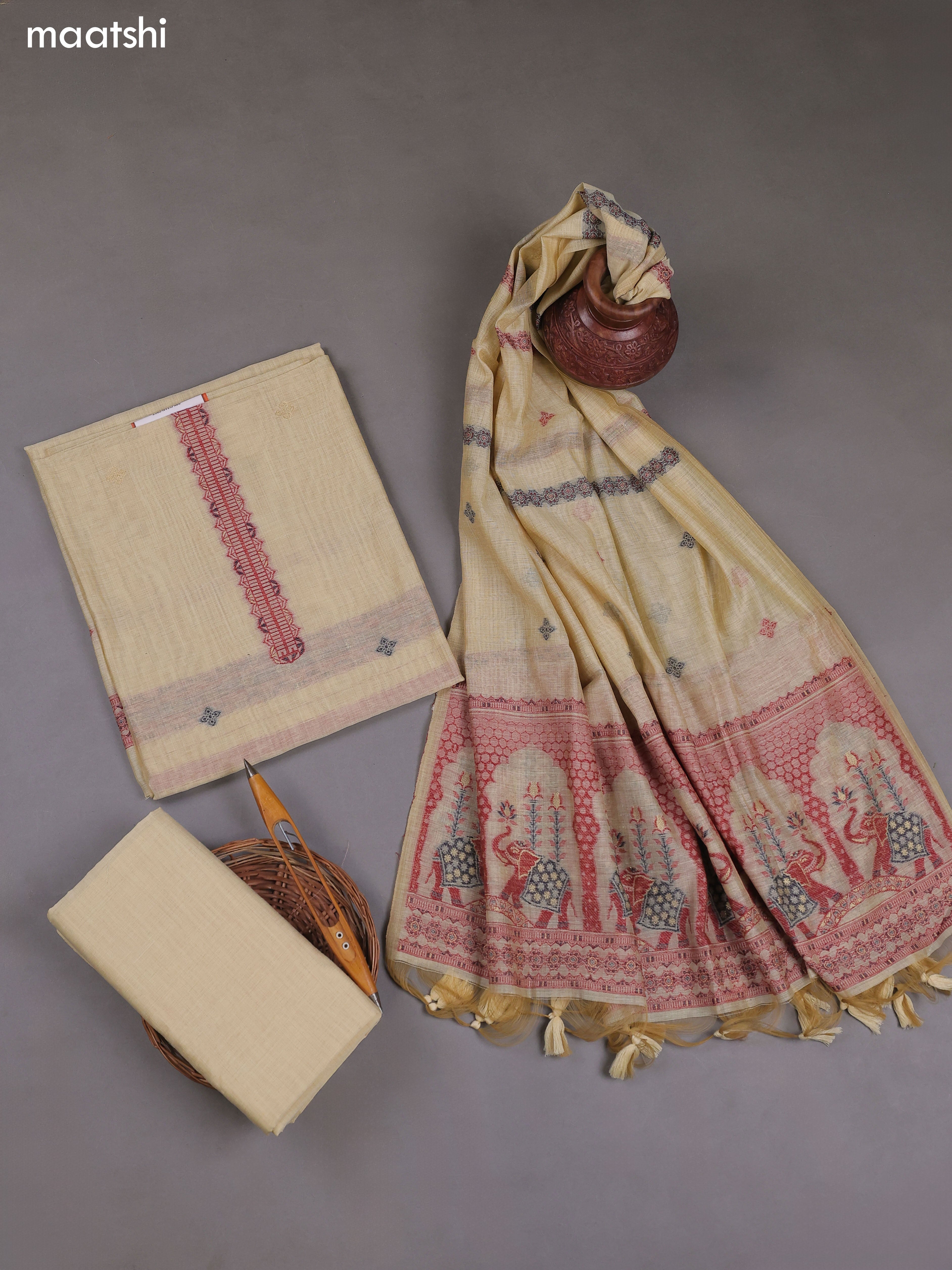 Sandal Munga Cotton Dress Material With Thread & Zari Weaves