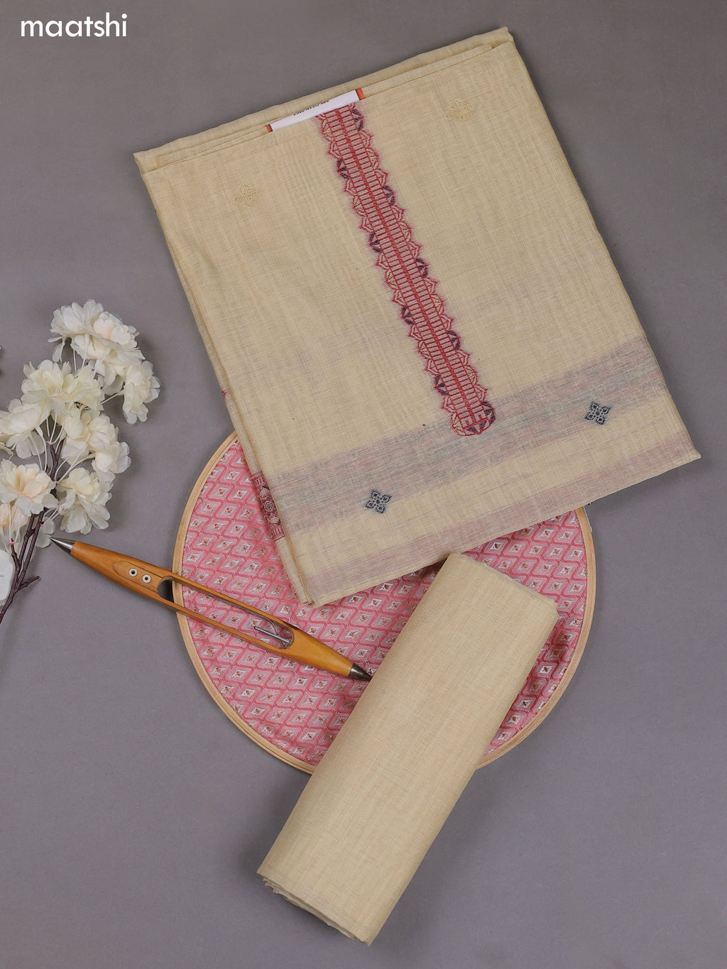 Sandal Munga Cotton Dress Material With Thread & Zari Weaves