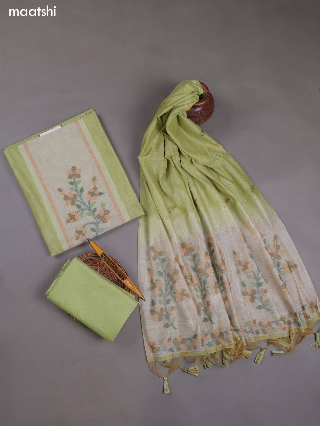 Pastel Green Munga Cotton Dress Material With Thread & Zari Weaves