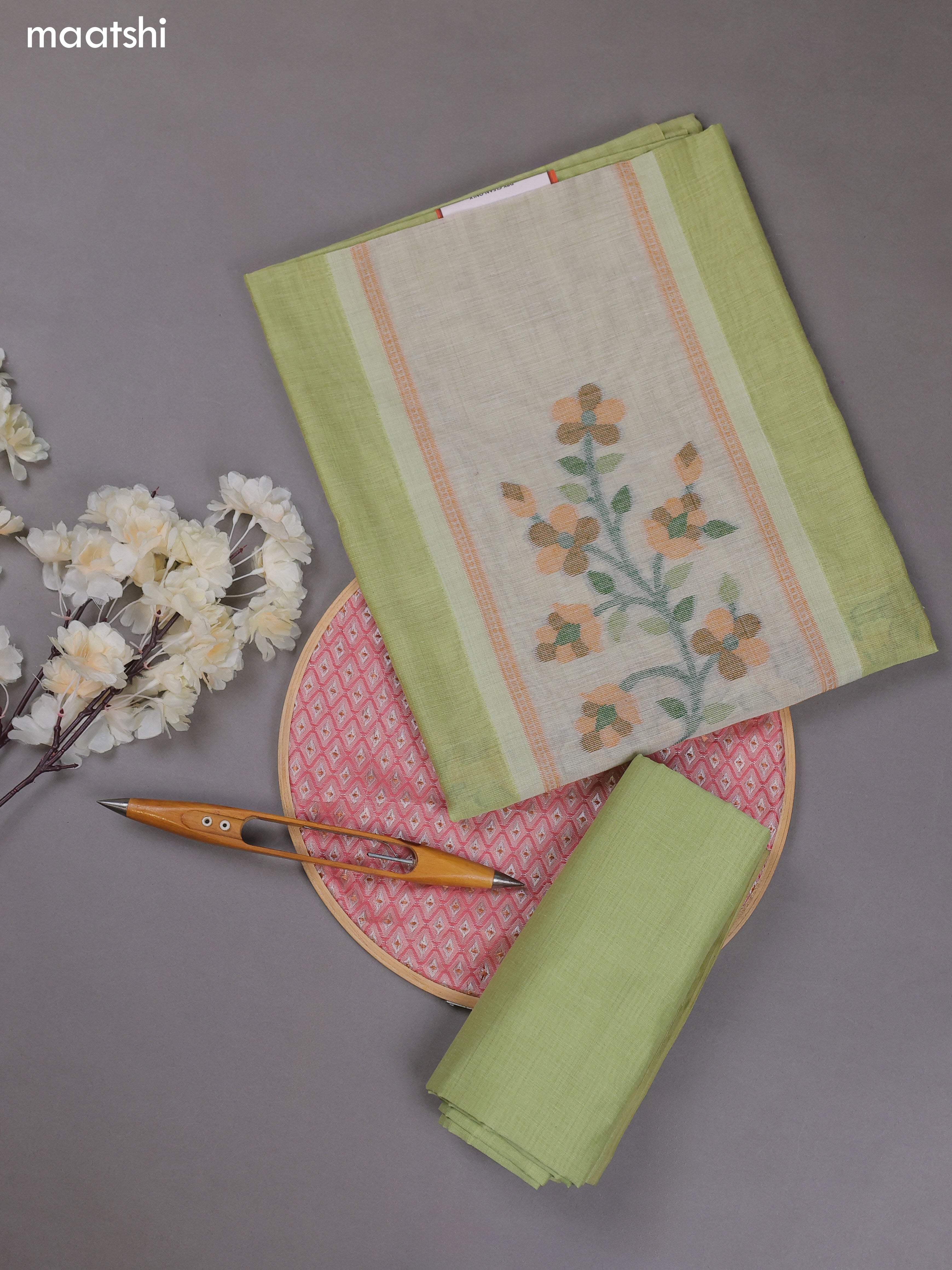 Pastel Green Munga Cotton Dress Material With Thread & Zari Weaves