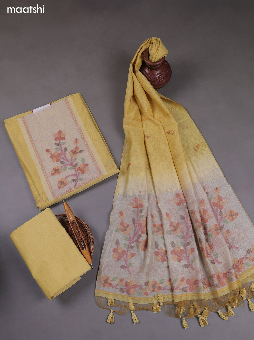 Yellow Munga Cotton Dress Material With Thread & Zari Weaves