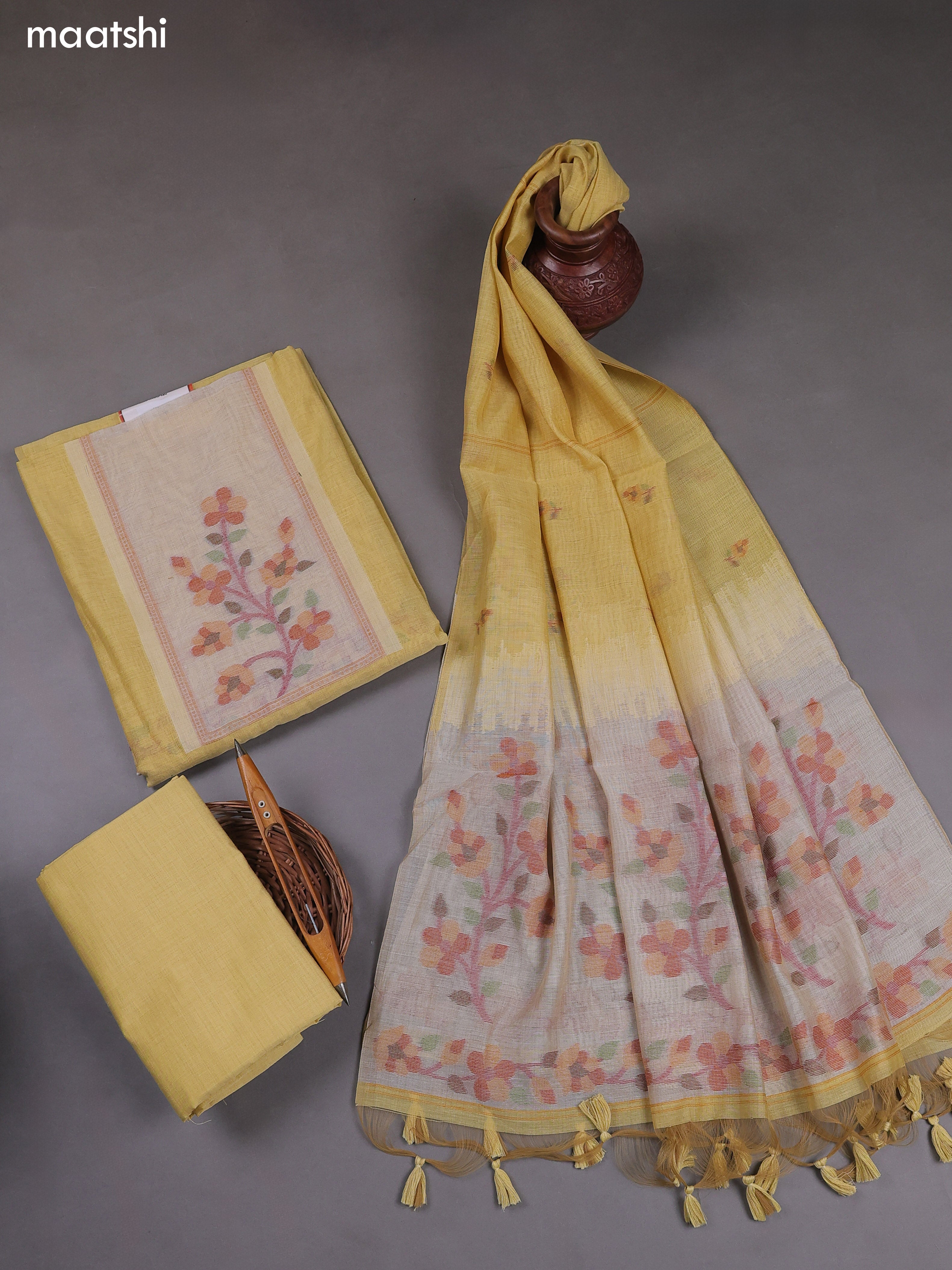Yellow Munga Cotton Dress Material With Thread & Zari Weaves